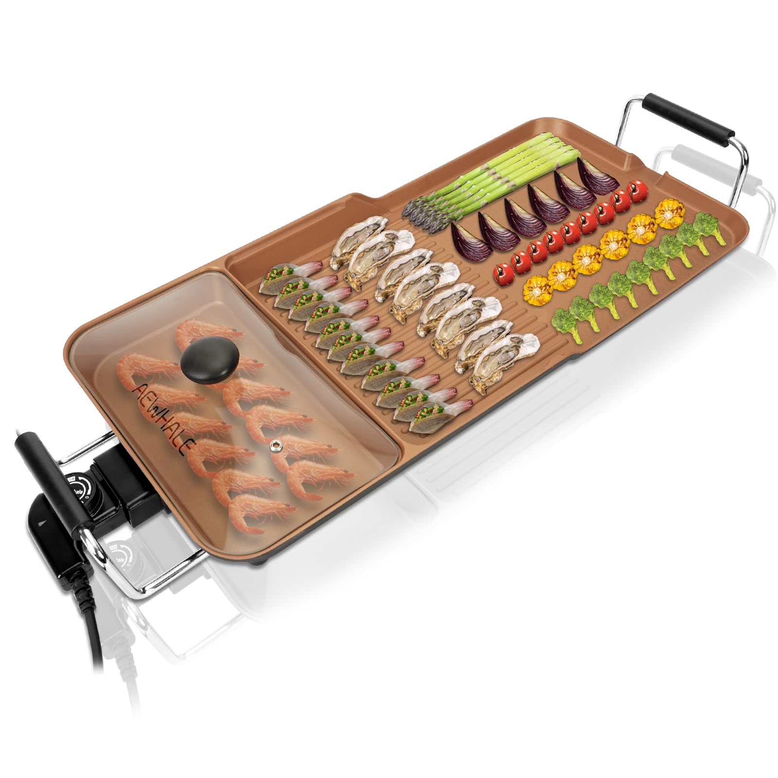 AEWHALE Plancha Électrique 3 en 1, 2000 W, Barbecue Electrique Doré | Convient à une Utilisation en Intérieur et en Extérieur, pour 6 Personnes, Facile à Nettoyer