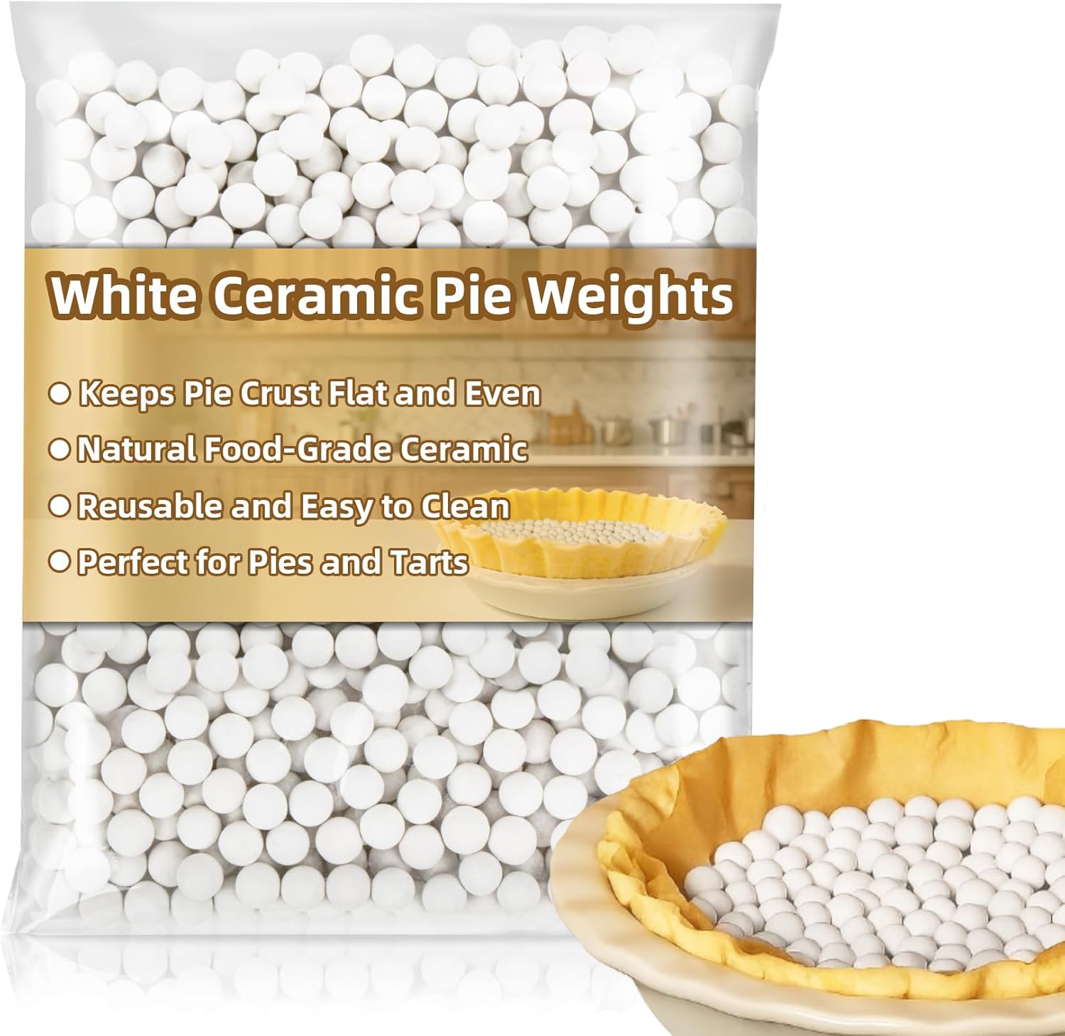RAINFLOW Reusable Ceramic Pie Weights 1LB - Baking Beans for Blind Baking, Natural Stoneware Beads 10mm White