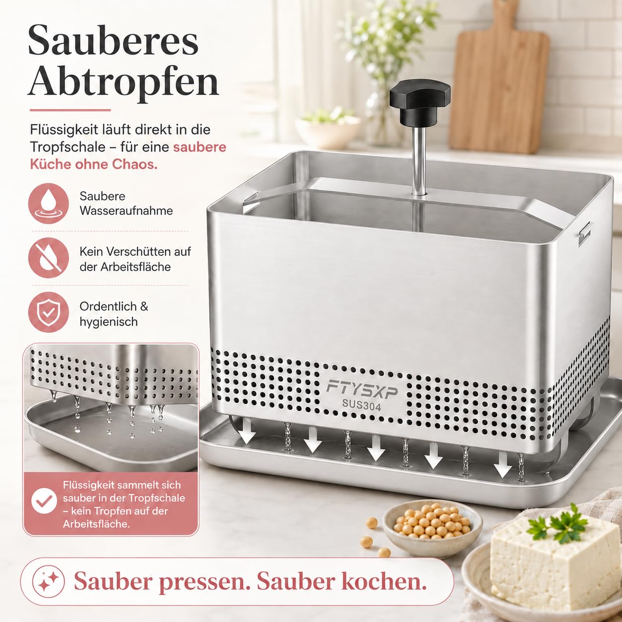 Pressa per tofu in acciaio inox 304, con pressione regolabile, pressa per formaggio e paneer, con vaschetta antigoccia e panno per formaggio, senza BPA, lavabile in lavastoviglie, per tofu