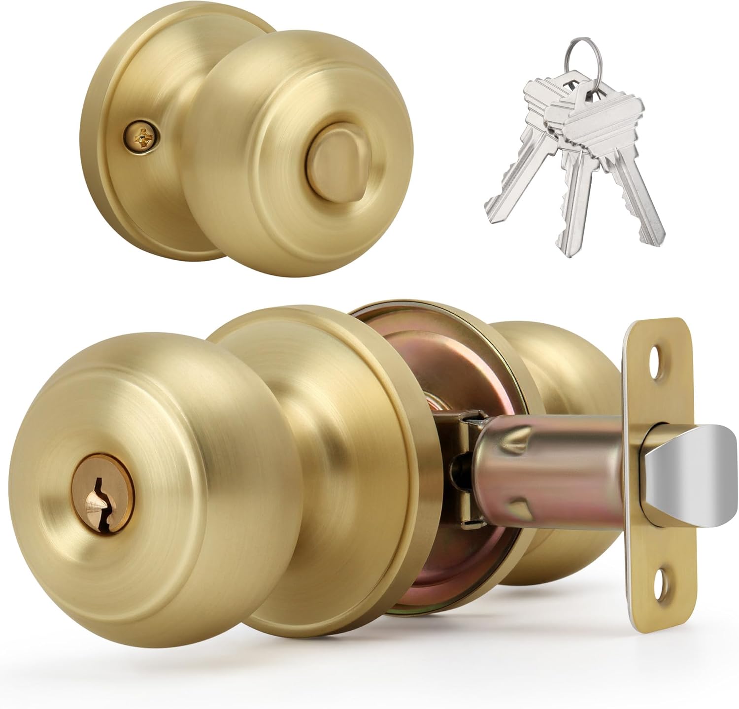 Brushed Gold Flat Ball Door Knob with Keys and Lock, Keyed Entry Round Design Doorknob for Front/Entrance Doors, Satin Brass Finish