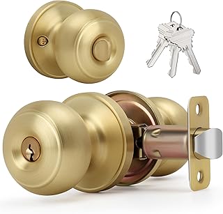 Brushed Gold Flat Ball Door Knob with Keys and Lock, Keyed Entry Round Design Doorknob for Front/Entrance Doors, Satin Brass Finish