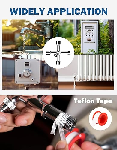 Miniatura 3 de JOYTUTUS Herramienta de medidor de agua multifuncional de 17 pulgadas con llave de 4 vías y cinta de teflón, llave de válvula con mango en T