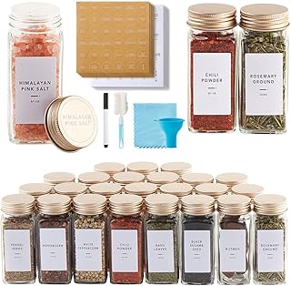 Skiileor 48 Pcs Spice Jars with Label- Glass Spice Jars with Gold Metal Caps,Shaker Lids, Funnel, Chalk Pen, Brush,Cleaning Cloth 4oz Seasoning Containers Bottles for Spice Rack, Cabinet, Drawer