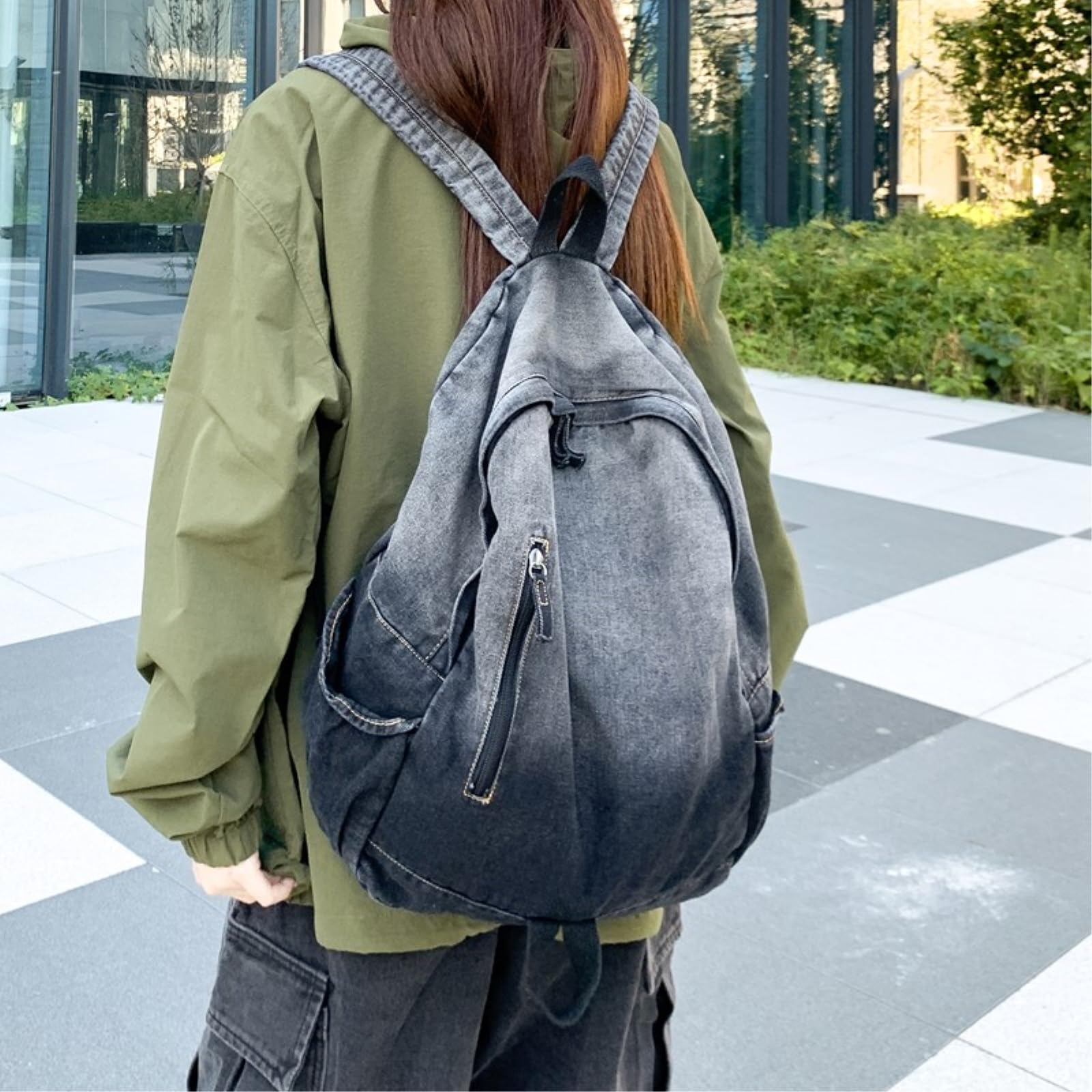 Zaino da Viaggio Gradiente Lavato Denim Spezzato Cerniera Tirare Laterale Bottiglia d'Acqua Tasca Sacco Giorno Vintage per Il Giornaliero del Campus-Blue