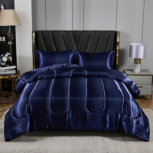 Miniatura 9 de Juego de edredón blanco de satén, edredón de plumón alternativo blanco plateado, relleno de poliéster sedoso de lujo, edredón de cama de satén de