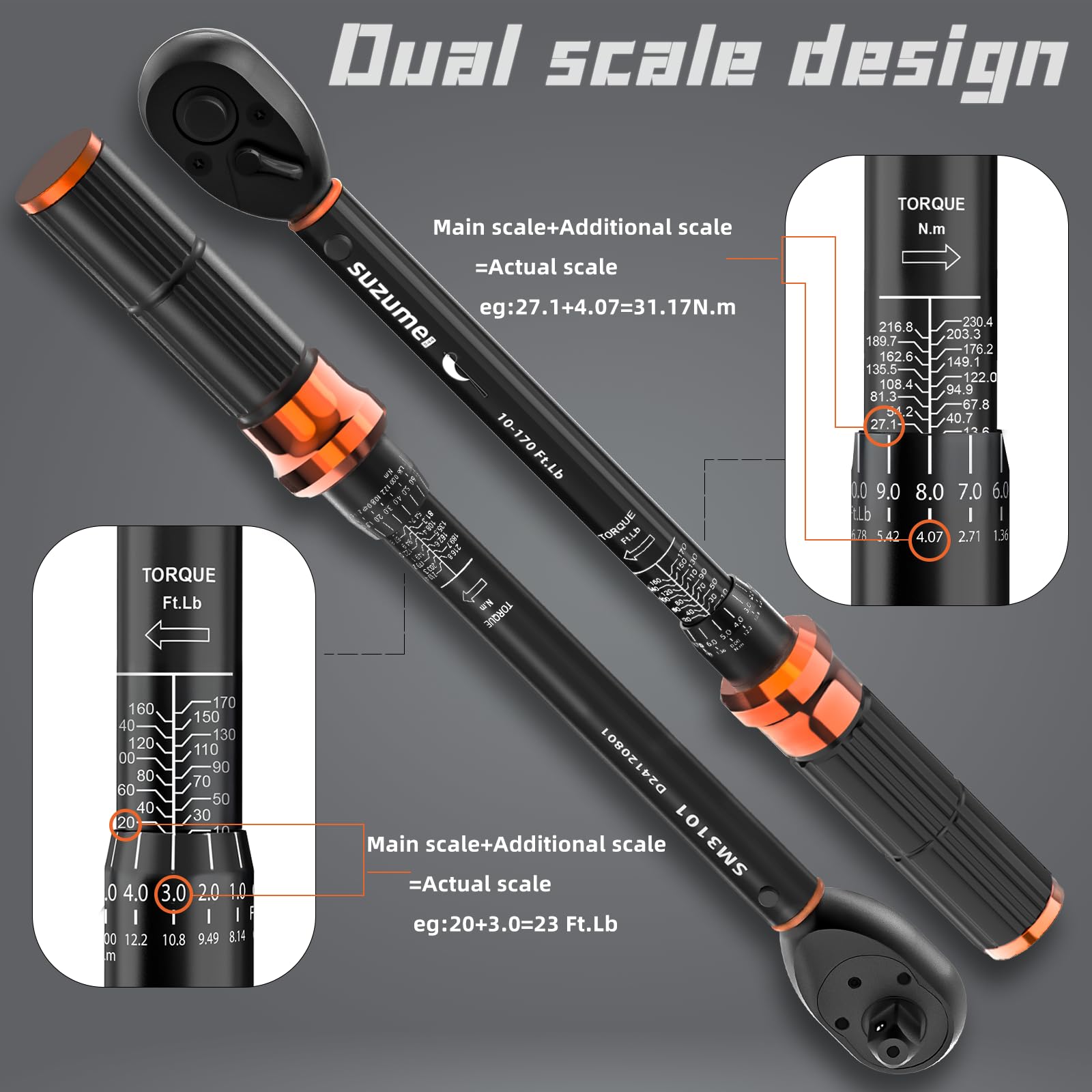 SUZUME 3PCS Torque Wrench Set 72 Teeth Dual-Direction