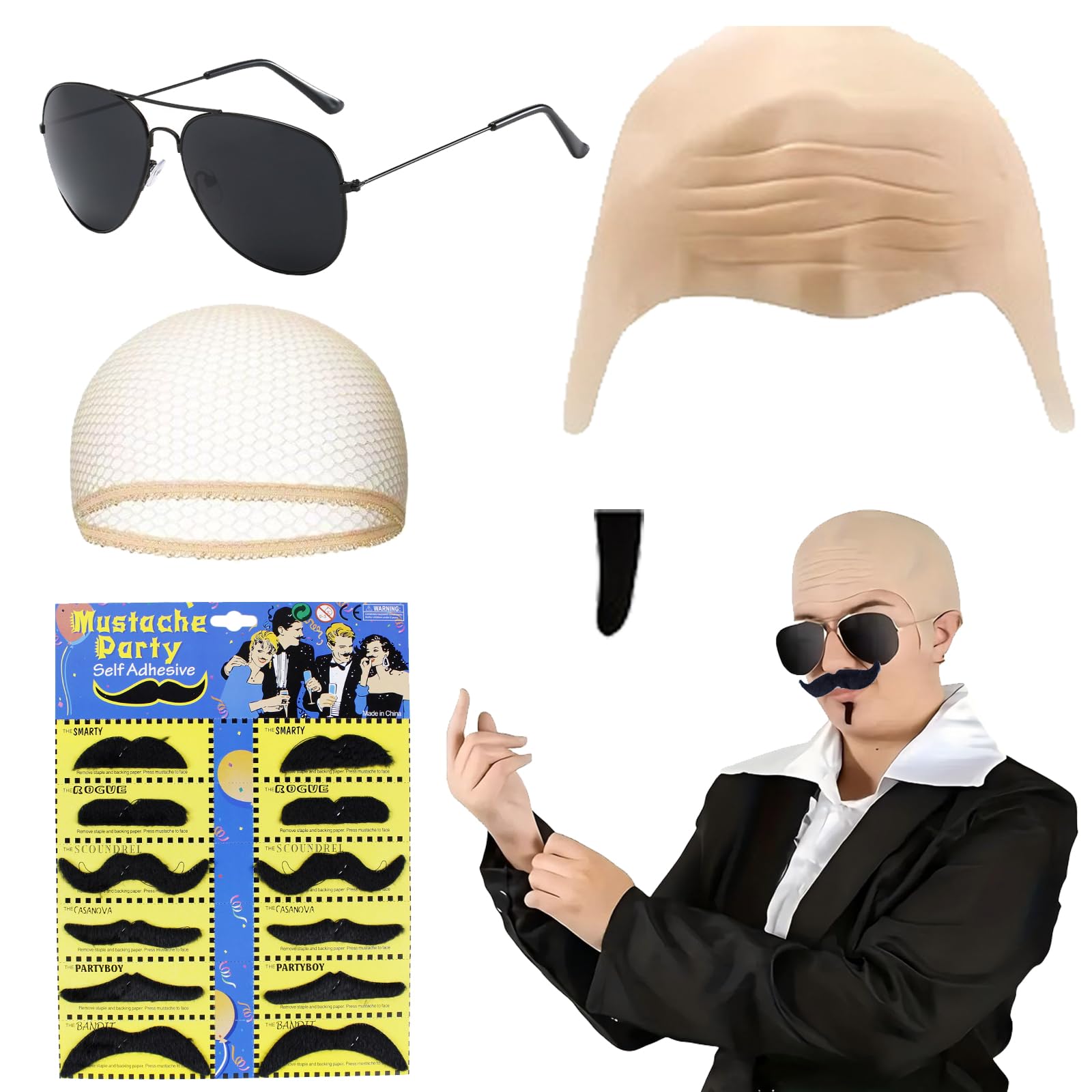 Gorro de Calva de Látex, Gorra Calva Gorro, Peluca de Cabeza, Gorro Calvo con 13 Barbas Postizas, 1 Gafas De Sol, Gorra de Calavera Sombrero de Cosplay Carnaval