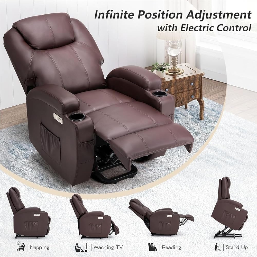 Electric Lift Recliner Chair for Elderly PU Leather Sofa with USB Type C Ports Side Pockets Cup Holders Adjustable Lounge Seat Supportive Backrest Comfortable Brown Living Room