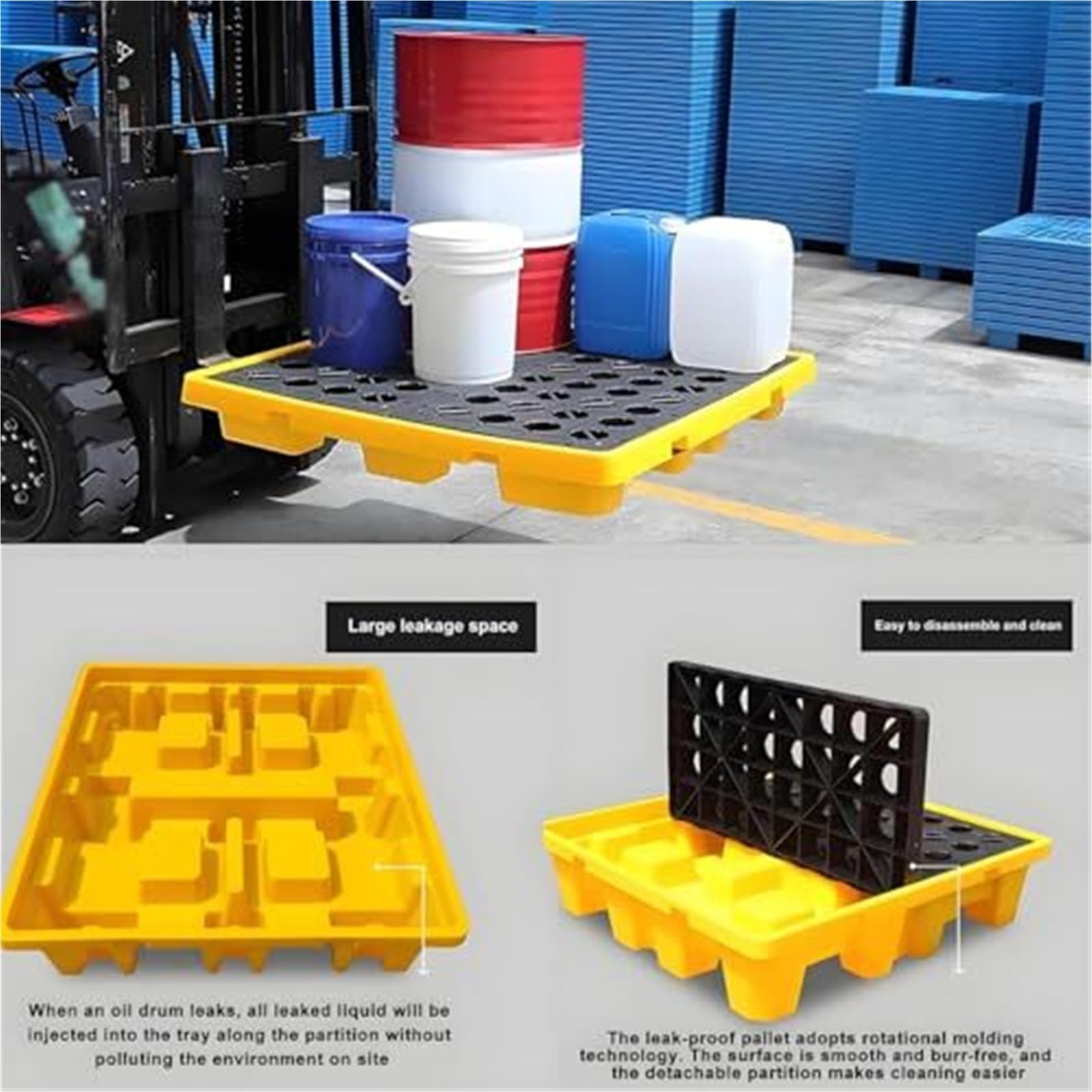 Cubeta de Retencion con Desague y Entradas de Carretilla, Palet Antiderrame de HDPE for Garaje, Plataforma Modular con Rejilla Desmontable, Control de Derrame Secundario(50 * 36 * 10cm)