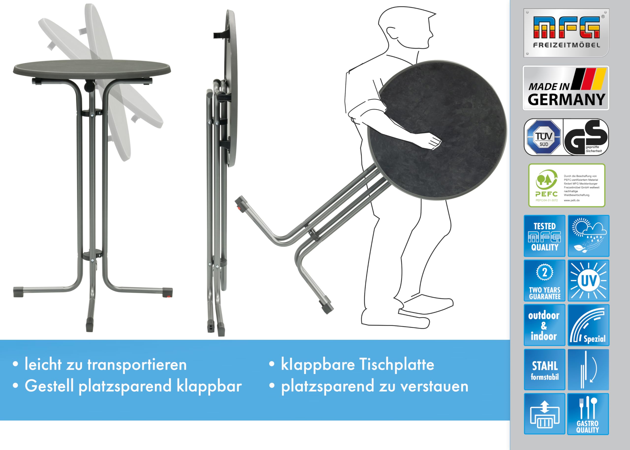 MFG Stehtisch d=70 cm, klappbar, anthrazit/Schiefer