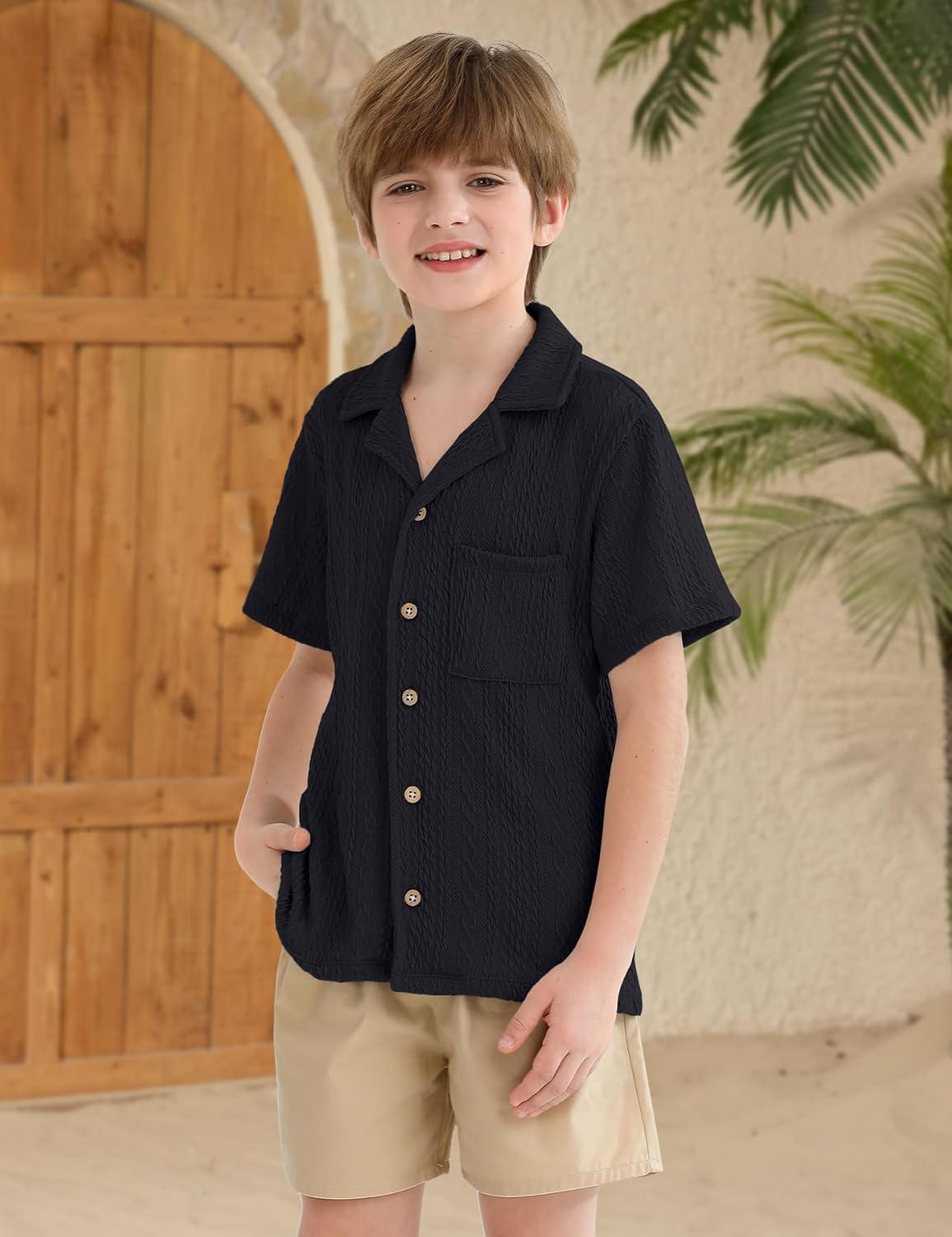 Boys Summer Cuban Collar Button Down Shirts Casual Rib-Knit Tops Short Sleeve Vacation Tee with Pocket 5-14 Years - Image 4