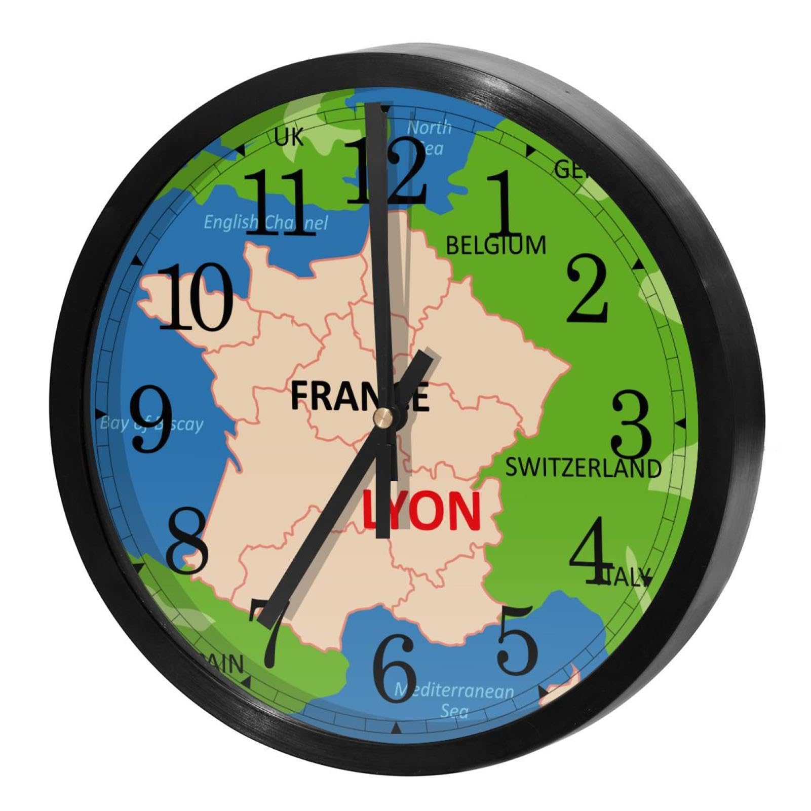 Horloge murale à quartz sans tic-tac à piles avec plan de la ville de Lyon