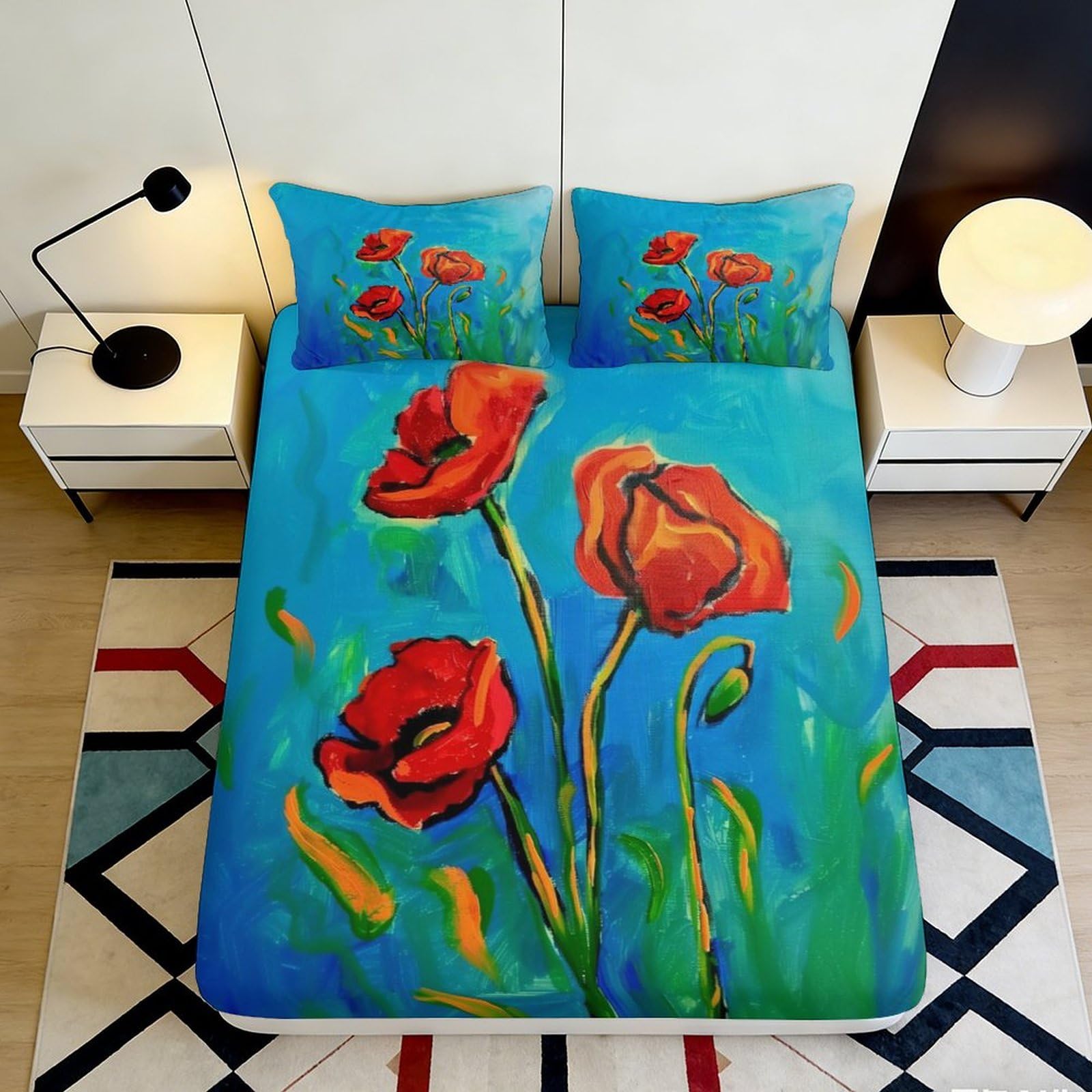 Jqzkxnhpbr Style-3 3D Printed Red Poppy Art Fitted Sheet Microfiber Soft Blue Flower Bed Cover For Bedroom Guest Room Decor 90X200x25cm