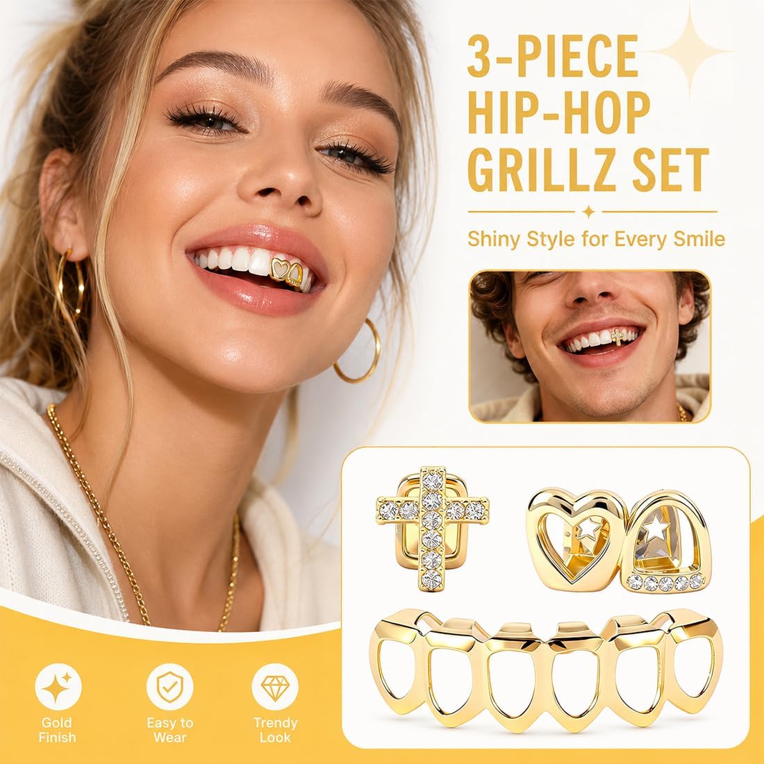 Grillz for Women, Gold Grillz Teeth Men, Teeth Jewelry, Hip Hop Jewelry, Reusable & Comfortable for Halloween, Parties, Concerts & Cosplay