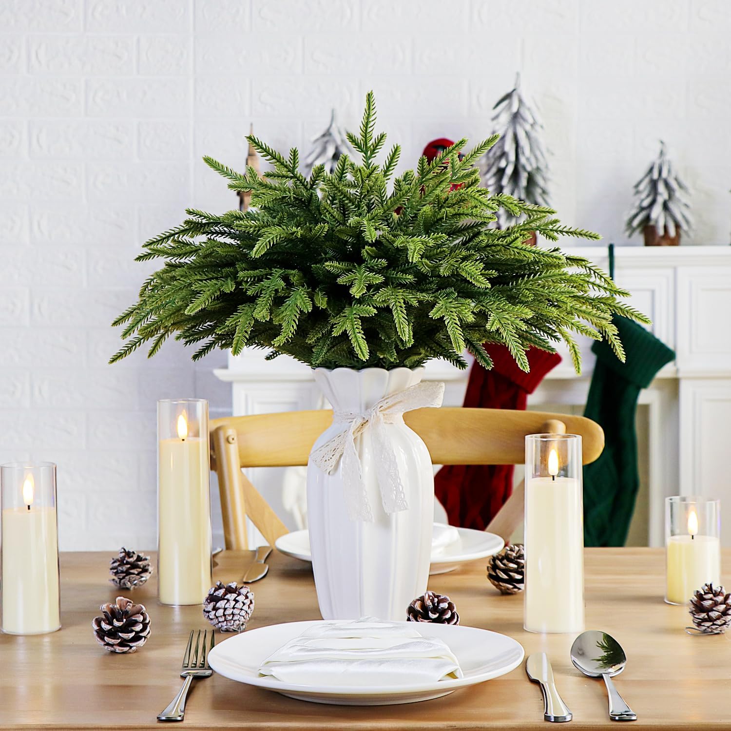 24Pcs Norfolk Pine Branches Stems 13.5" Artificial Pine Needles Sprigs Norfolk Pine Garland Accessories Vase Fillers Winter Fake Christmas Tree Picks Greenery Sprays for DIY Wreaths (24, Yellow Green) - Image 3