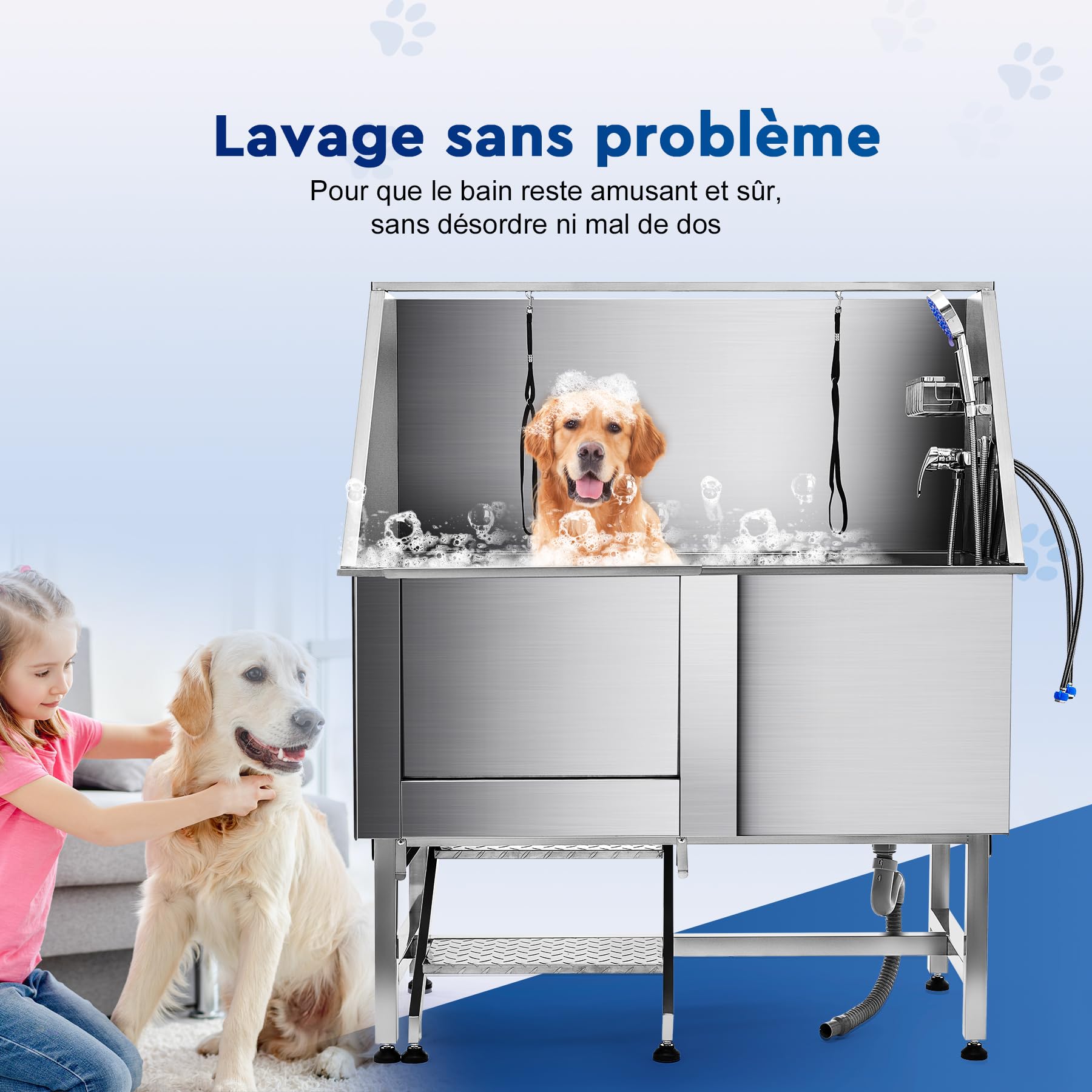 Baignoire de Toilettage pour Chien 127CM Capacité 115KG en Acier Inoxydable 304 Station de Bains pour Grands Chiens avec Escaliers et Pomme de Douche, pour Maison Hôpital Animalerie