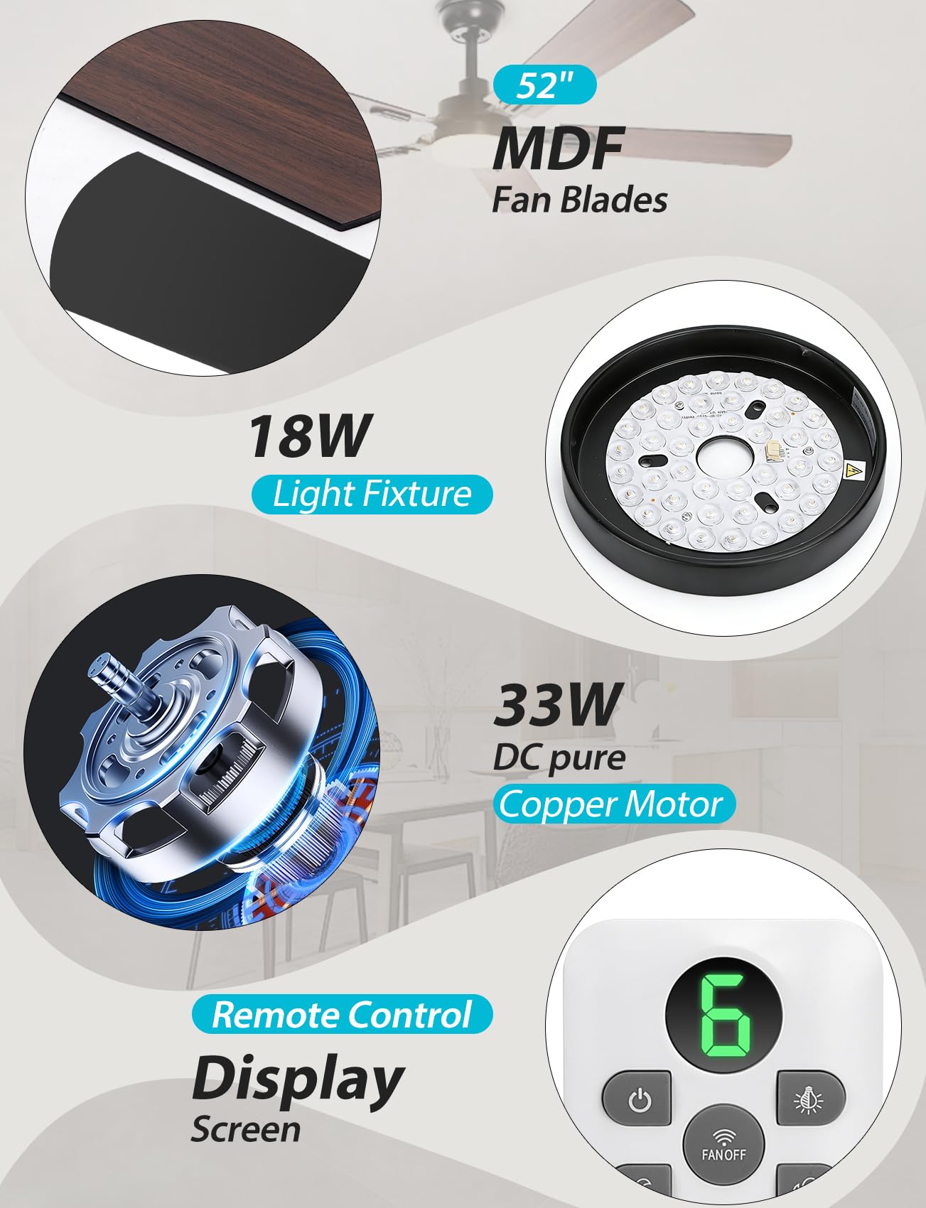 Aigostar Ventilatore da Soffitto con Luce e Telecomando Silenzioso 52‘’, 3000K/4000K/6000K Dimmerabile, 33W Motor DC Reversibile, 6 Velocità, Adatto per soggiorno, camera da letto e sala da pranzo