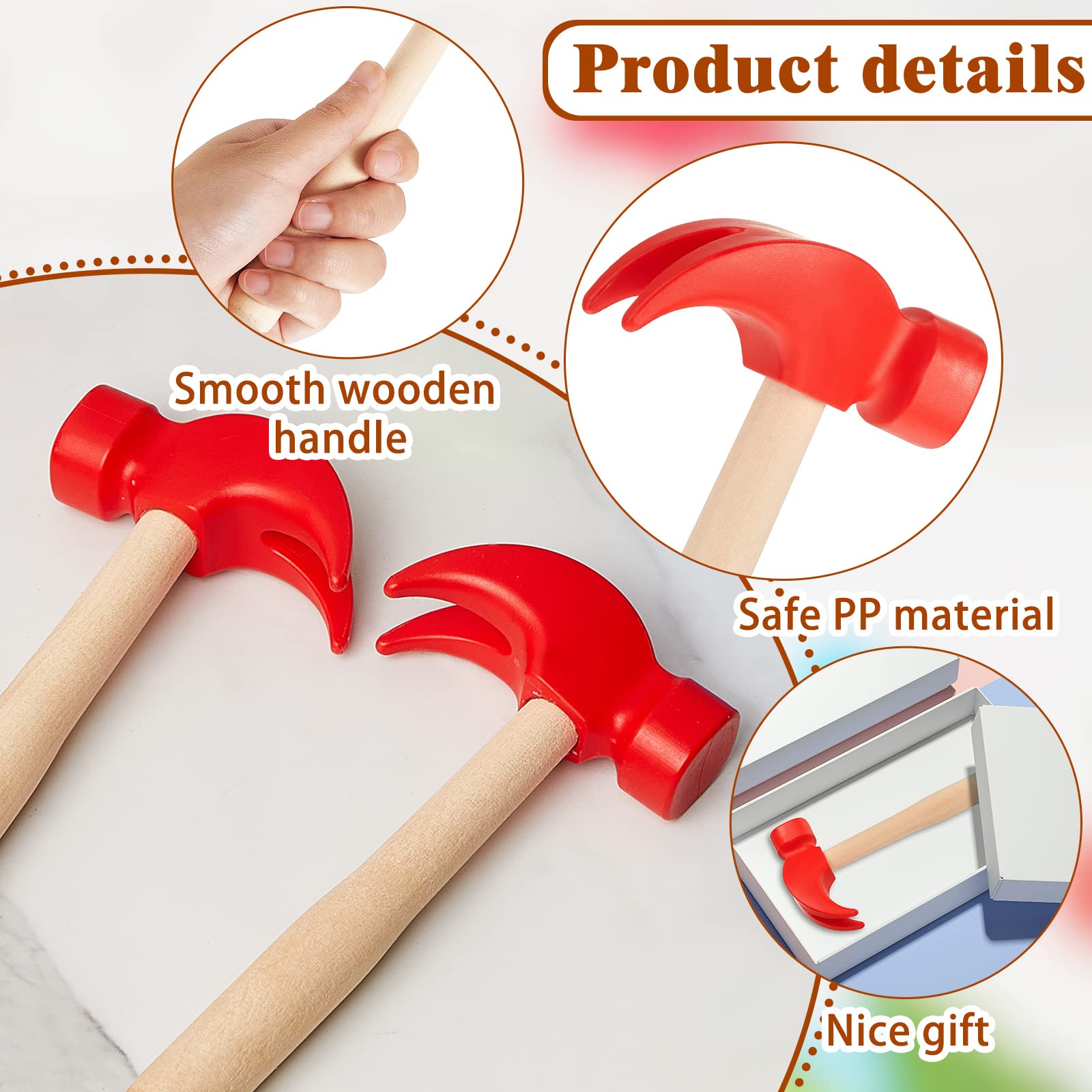 Martillo de madera, 16 martillos de simulación, herramientas de juguete de mantenimiento, juguetes educativos para regalo escolar, juegos de fiesta de cumpleaños (rojo, martillo) 3