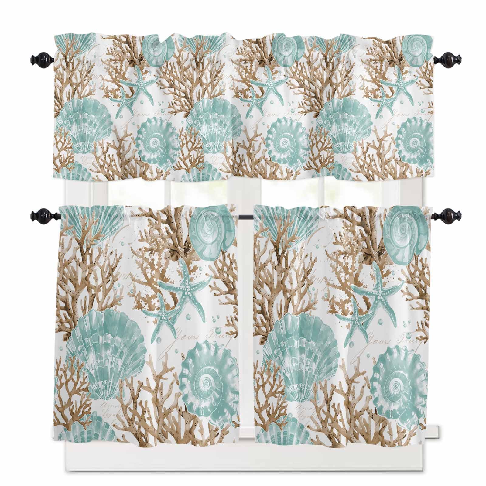 Green Coastal Seashells Kitchen Curtains 36 Inch Length,3 Piece Rod Pocket Small Half Tiers and Valance Set,Nautical Brown Coral Starfish Small Large Window Treatment Decor for Bedroom/Bathroom Sink