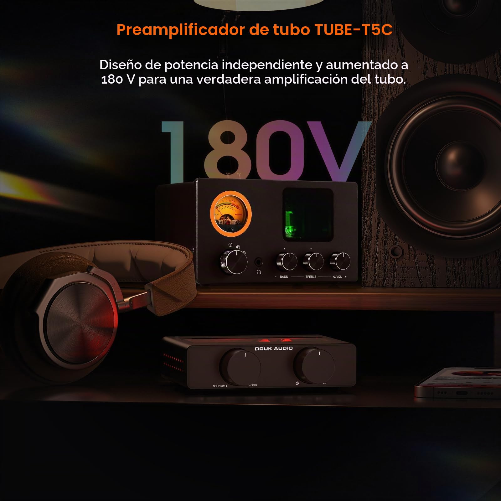 Preamplificador de válvulas Douk Audio TUBE-T5C: Amplificador de auriculares con medidor VU, selector RCA de 4 vías y control de sonido para receptor, amplificador, altavoz y auriculares de 16-600 Ω.