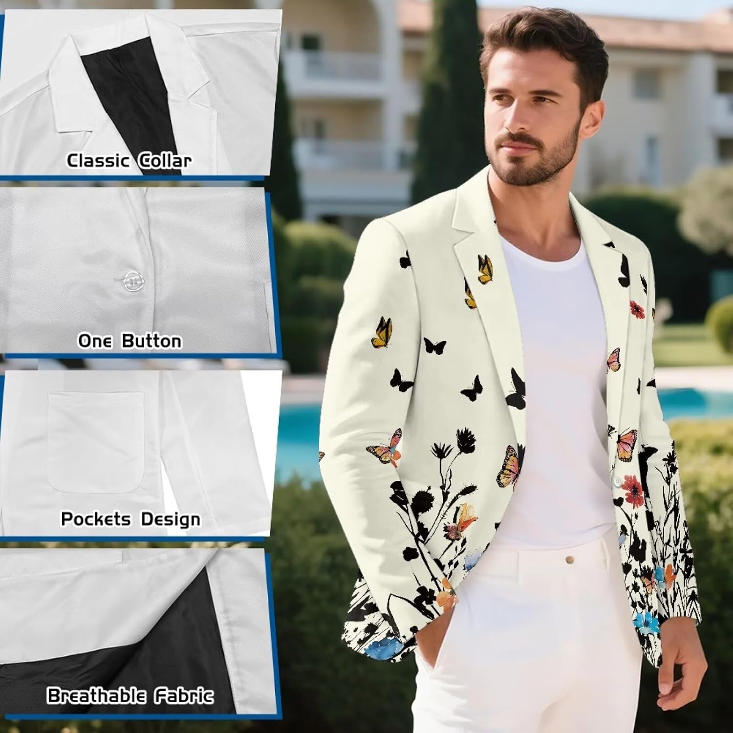Mens Sports Coat Long Sleeve Slim Fit One Button Lightweight Sports Jacket Summer Breathable Outfit