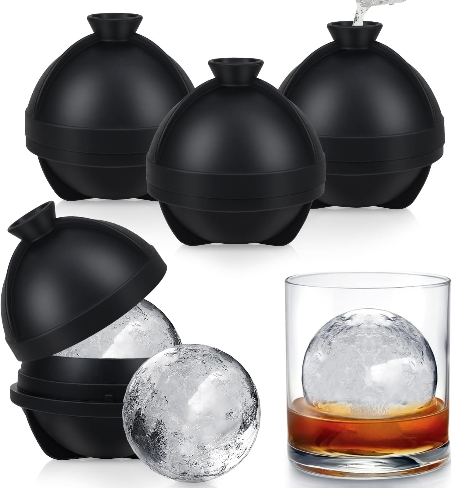 Ice Cube Moulds | 4 Pcs Large Ice Ball Maker with Leak Proof Lid | Food Grade Silicone Round Ice Cube Moulds Easy to Pop Out | Sphere Ice Cube Mould Perfect for Freezer Whiskey, Gin, Cocktails