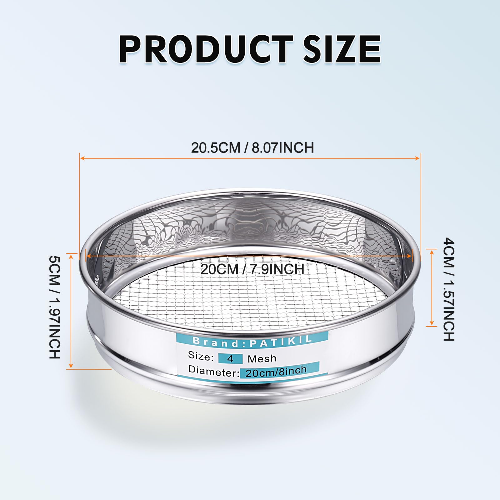 PATIKIL 4 Mesh(5mm) Tamis De Laboratoire, 7.9"(20cm) Diamètre Toile De Tamisage 304 Acier Inoxydable Maille Fine Tamis Pour Laboratoire Industriel Tamisage Sol Tamis Sec Écrans Hash
