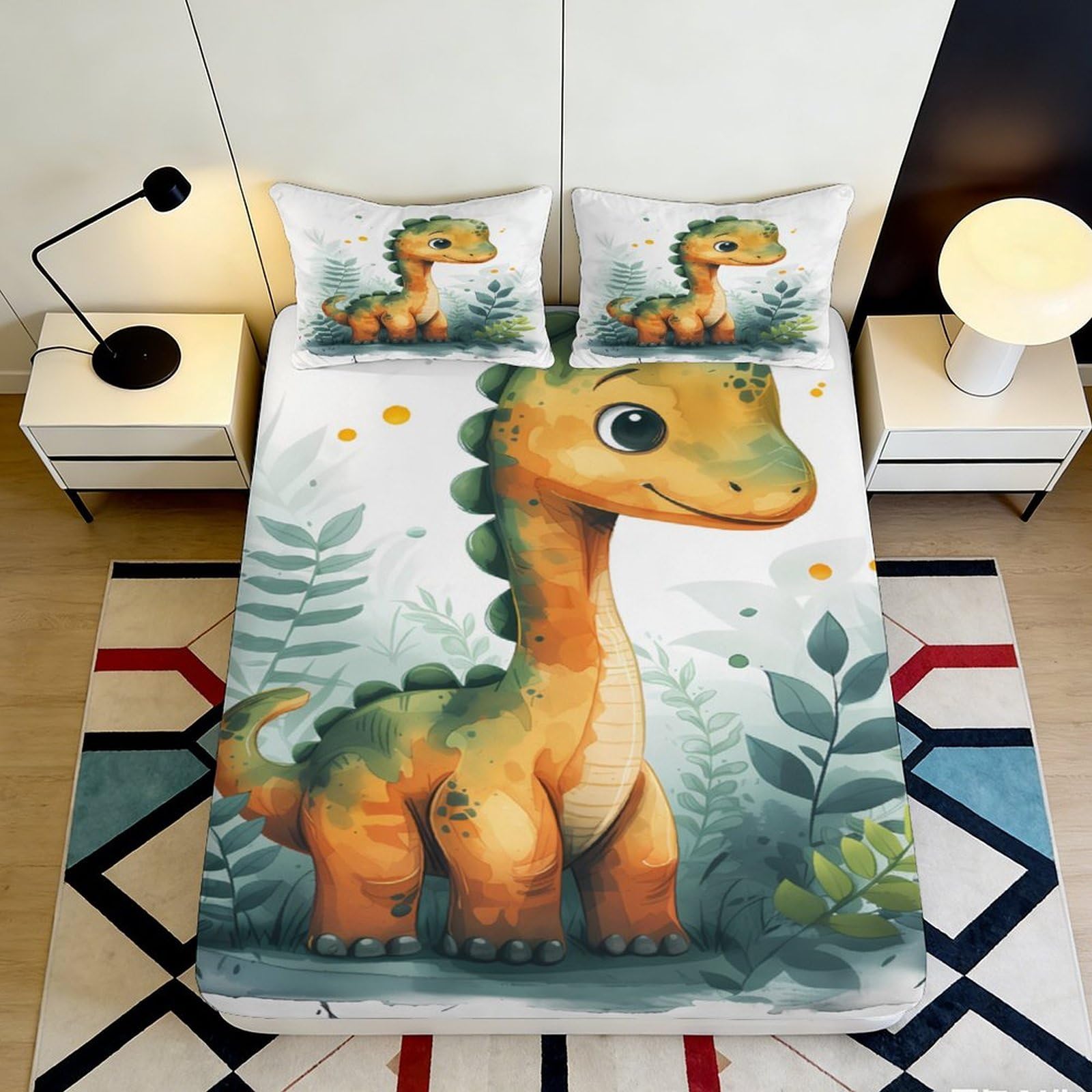 3D Printed Cute Dinosaur Fitted Sheet Microfiber Soft Breathable Jungle Animal Bed Cover for Bedroom Dorm Decor 140x200x25cm