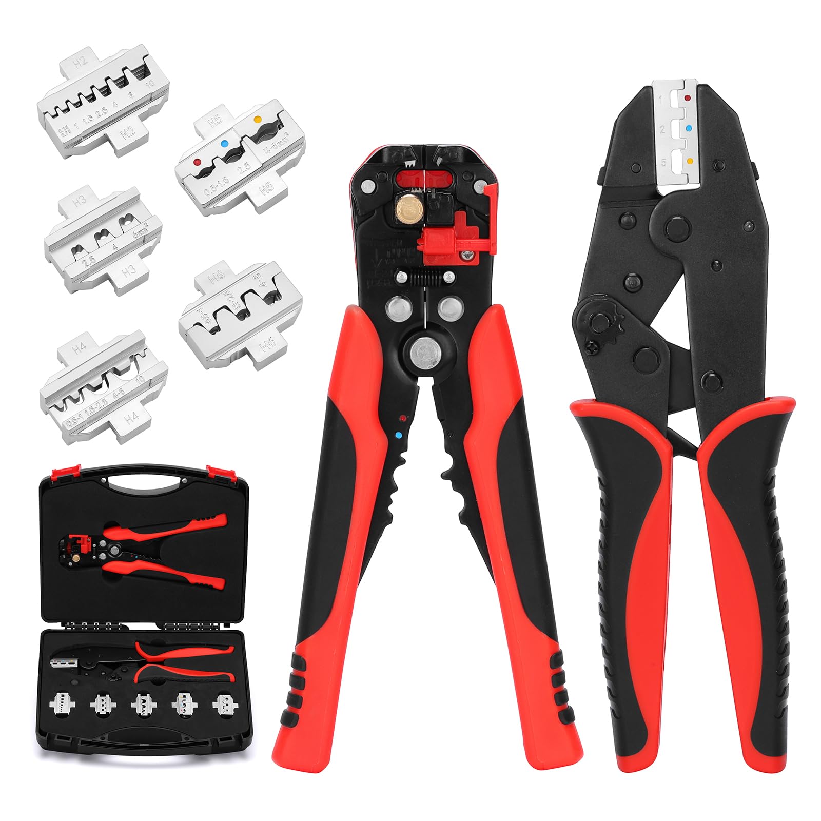 CASOMAN 6 in 1 Crimping Tool Kit and Wire Stripper Set, 6 PCS Interchangeable Jaw Sizes, Multi-Purpose Wire Crimper Tool - Ideal for Crimping, Wiring, Heat Shrink, Repair Electrical