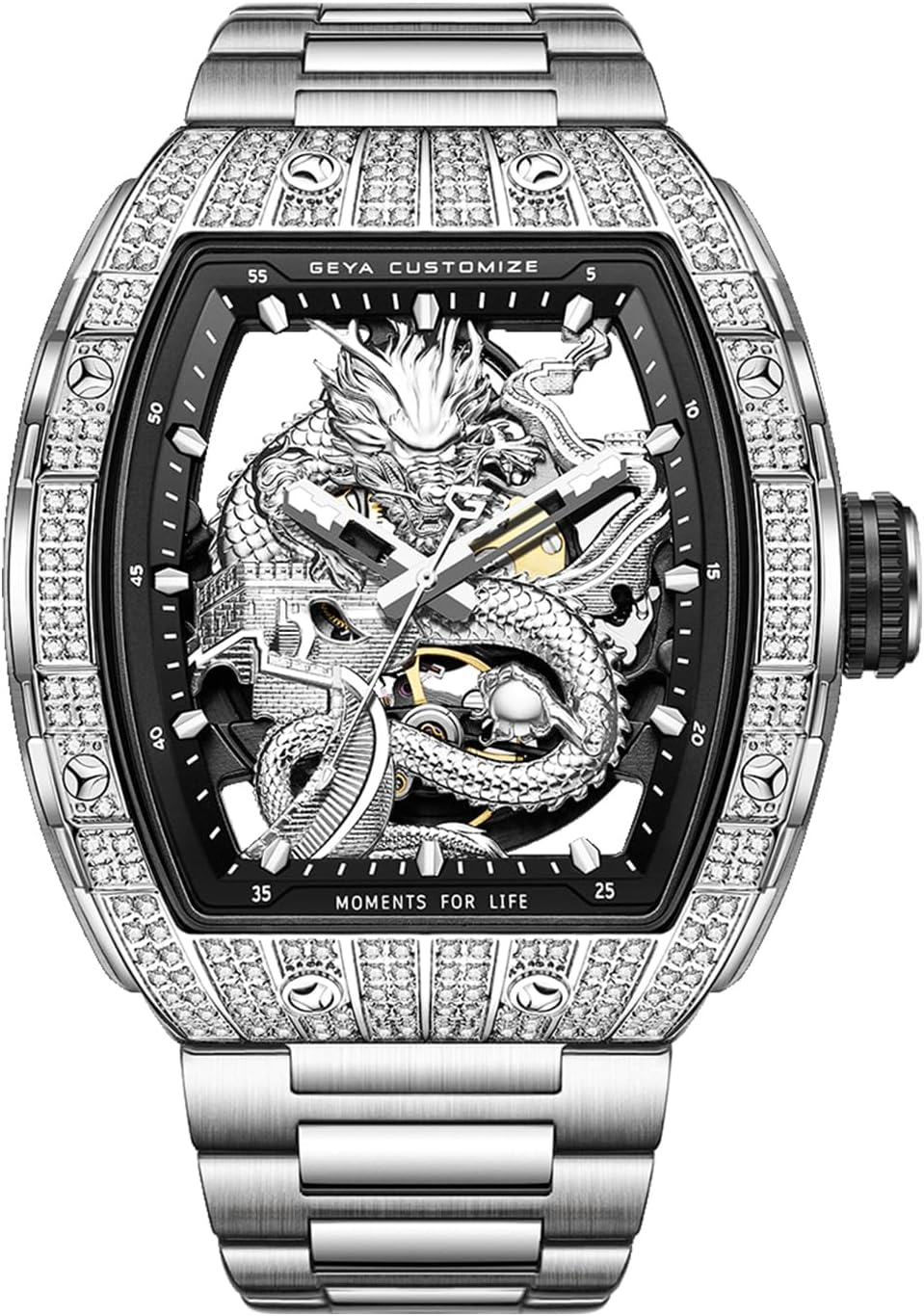 Redhai Luxury Crystal Diamond Dragon Mechanical Watches, 50M Waterproof Skeleton Dial Rose Gold Case Stainless Steel Watchband Chinese Loong Watches for Men
