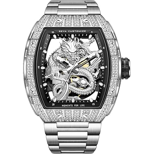 Redhai Luxury Crystal Diamond Dragon Mechanical Watches, 50M Waterproof Skeleton Dial Rose Gold Case Stainless Steel Watchband Chinese Loong Watches for Men