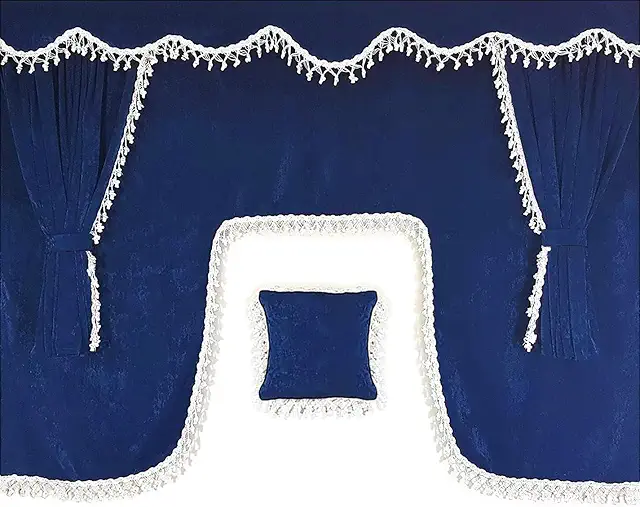 LKW Gardinen Set - 7-teiliges Vorhangpaket in Blau mit weißen Quasten