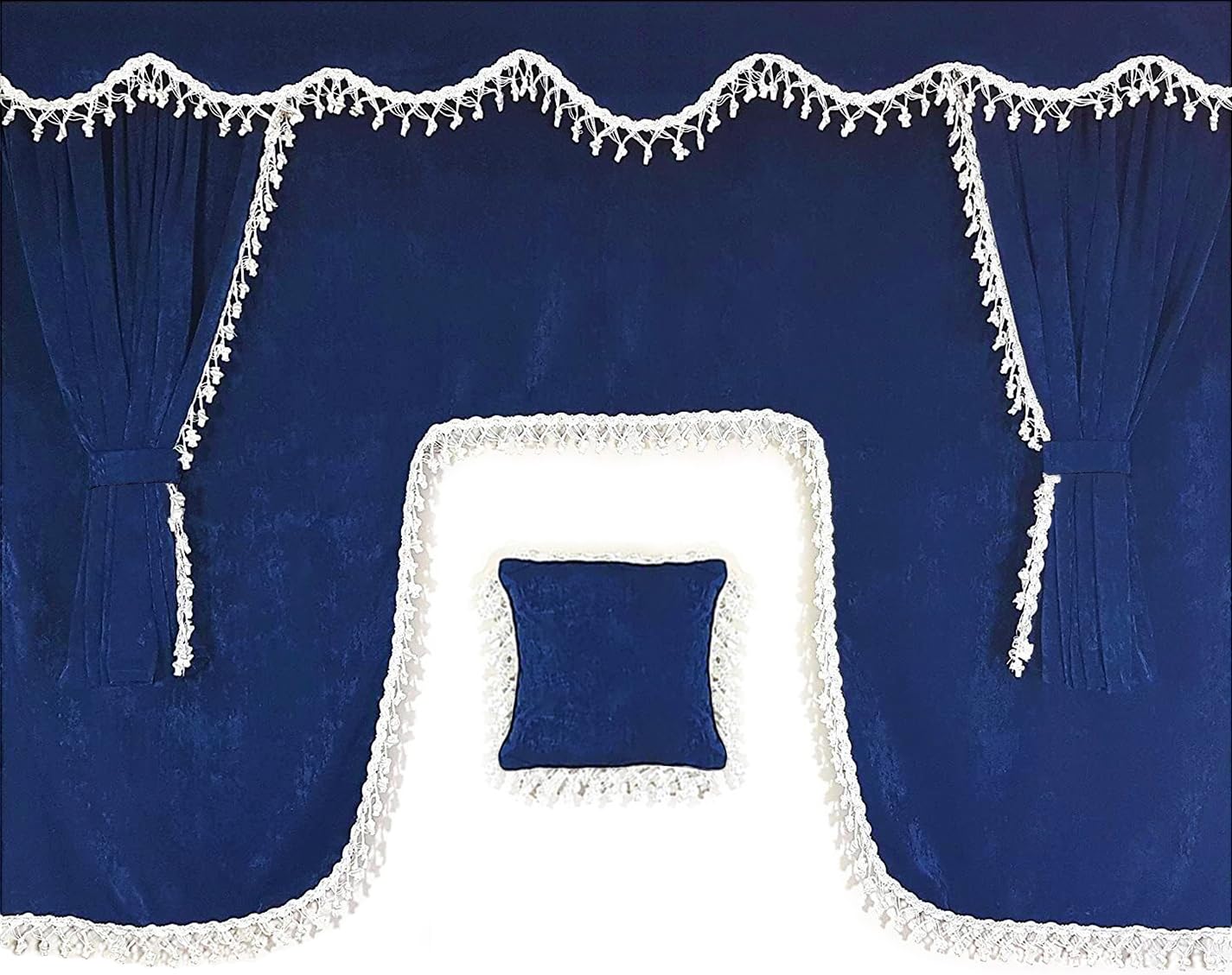 Tende per camion - Set completo di 7 pezzi in blu con nappe bianche