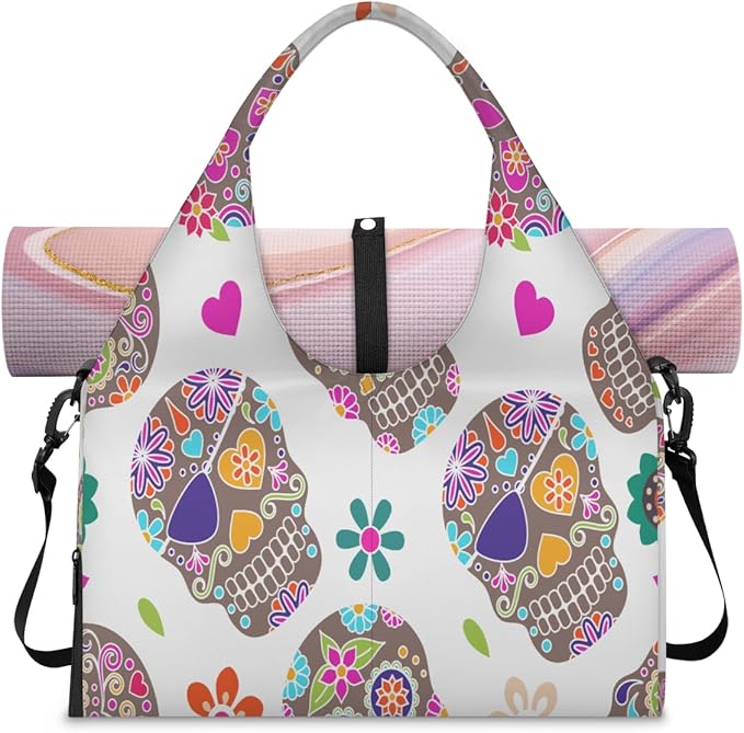 Sugar Skull Flower Heart Yoga Gym Bag for Women Men with Shoe Compartment Yoga Mat Bag Large Duffel Bag Sport Tote for Travel Pilates Workout Beach Office