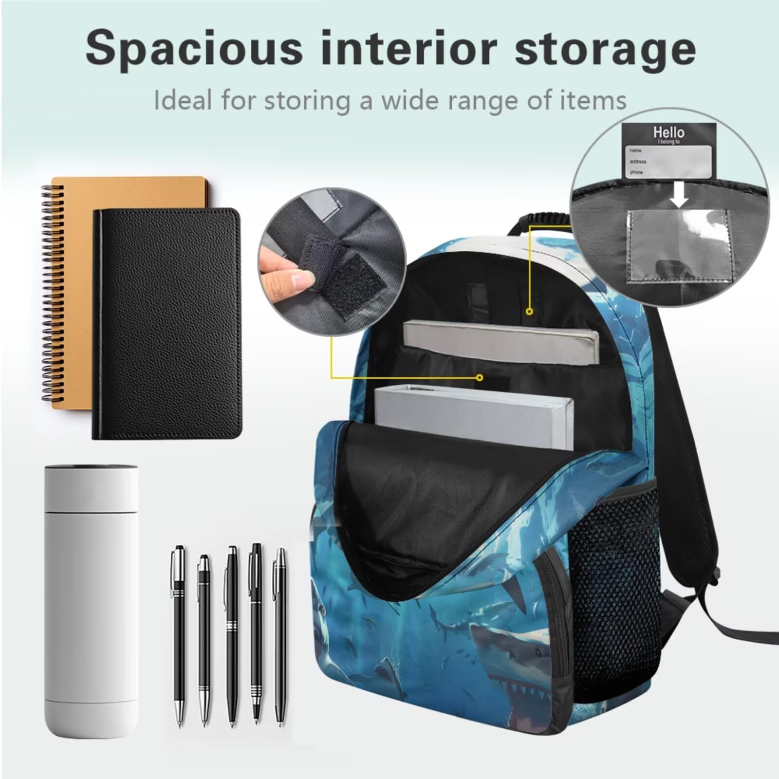 Dolyues Rucksack und Lunchbox-Set für Jungen, 4. Klasse, Schulrucksäcke für Grundschulkinder, Büchertaschen, Alter 8–10 Jahre, 4-teilig, hai, Tagesrucksack