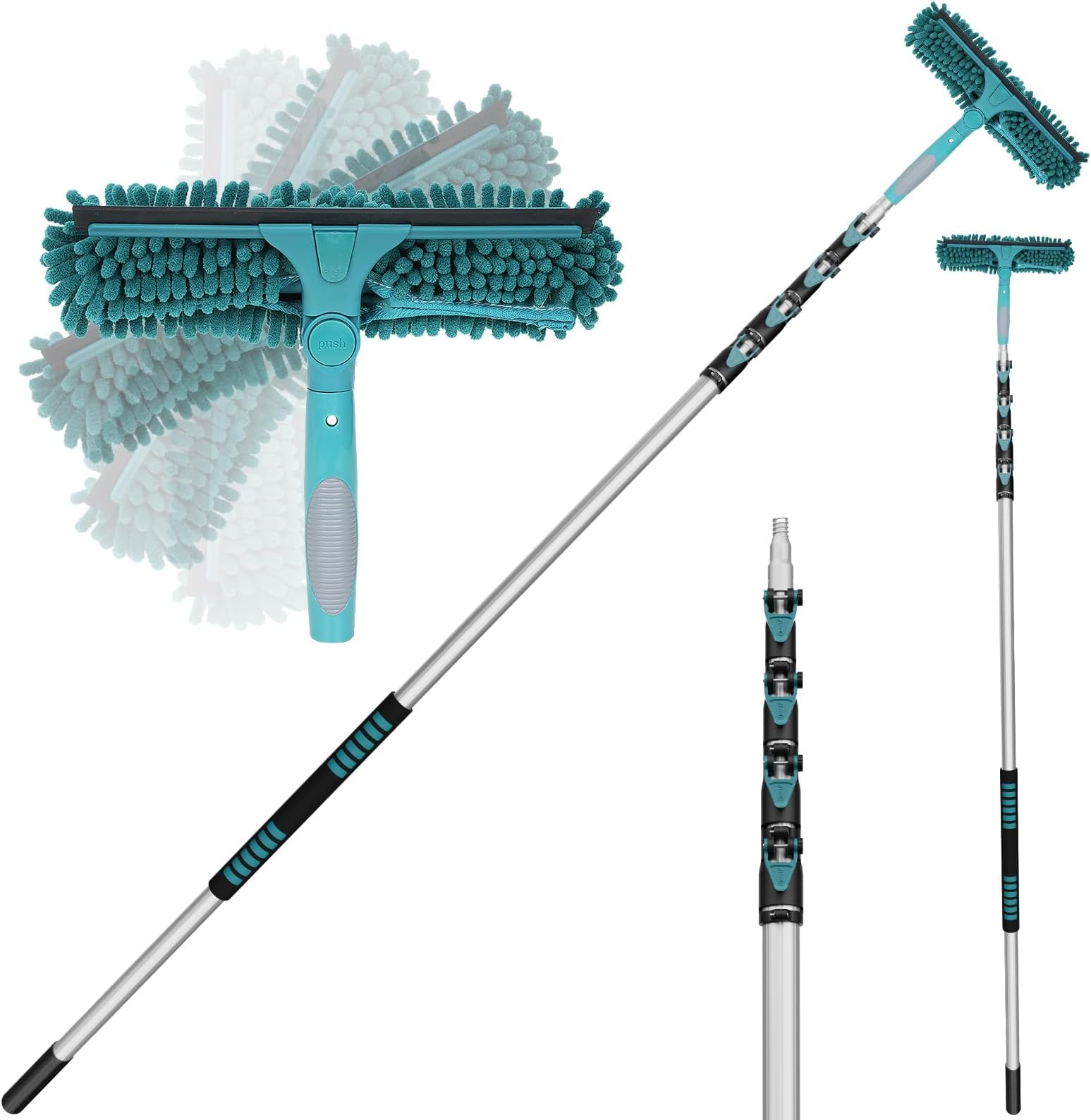 TelesPro 7-30 ft 2 in 1 Window Squeegee with Extension Pole, Window Cleaner Tool with 5-Stage Telescoping Pole, Professional Window Cleaning Kit with Rotatable Head - 36 Ft Reach & Microfibre Cloths.