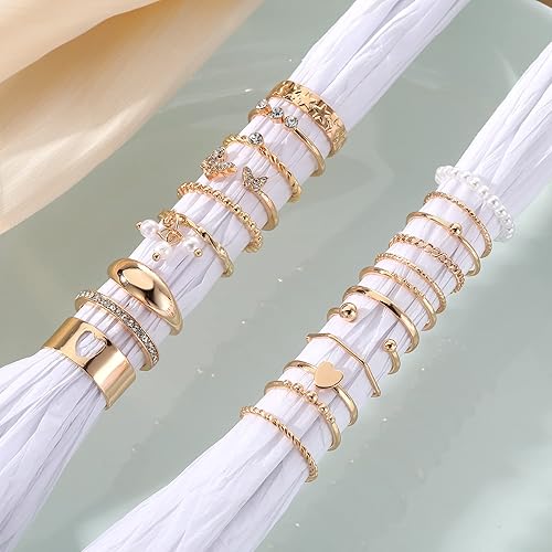 Miniatura 3 de 17IF Juego de 21 anillos dorados vintage para nudillos, anillo de dedo de cristal bohemio, anillo estético con perlas brillantes y mariposas, anillo