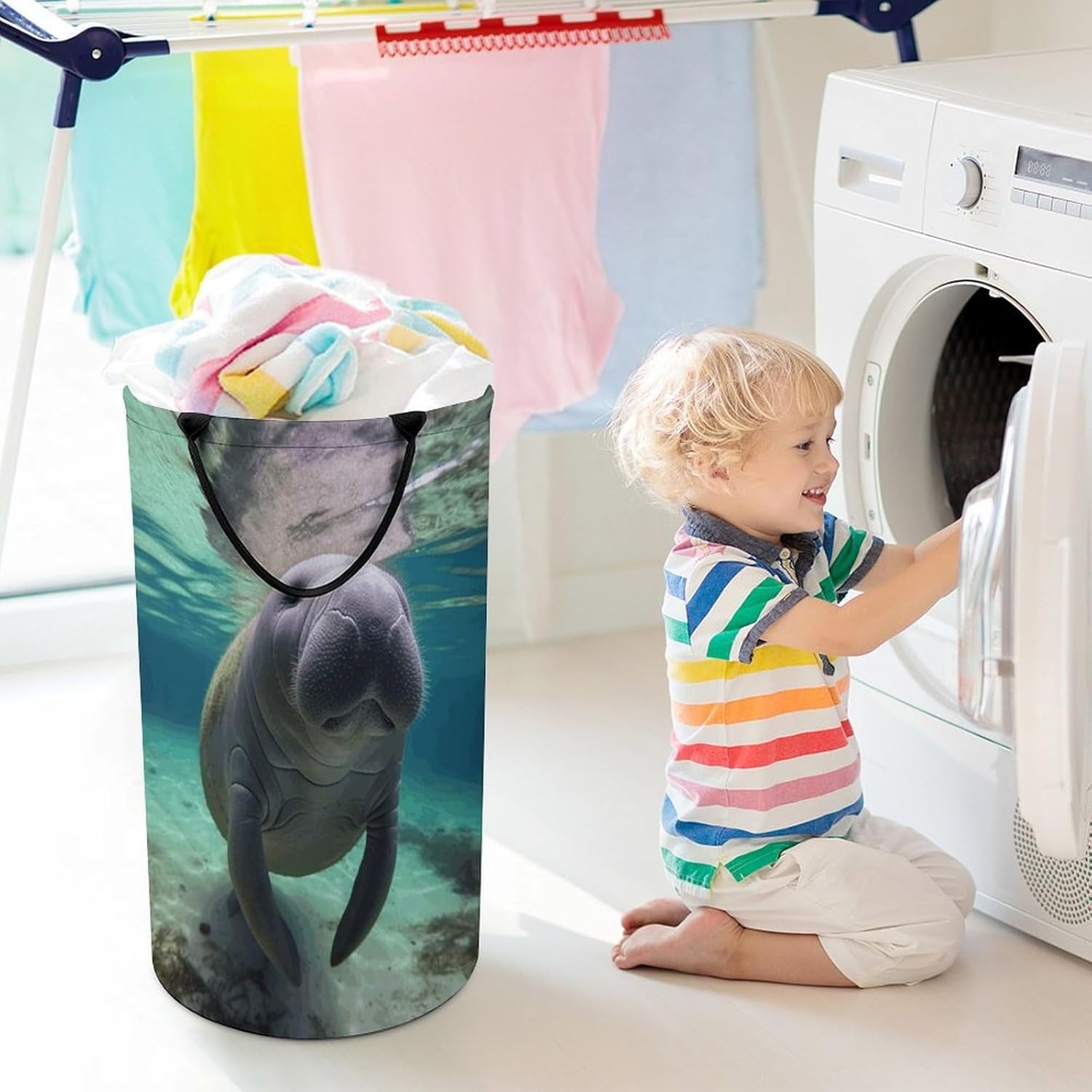 Cute Sea Animal Manatee Laundry Hamper with Handles Waterproof Collapsible Laundry Basket Large Lightweight Round Dirty Clothes Hamper for Home Dorm Bathroom Decor