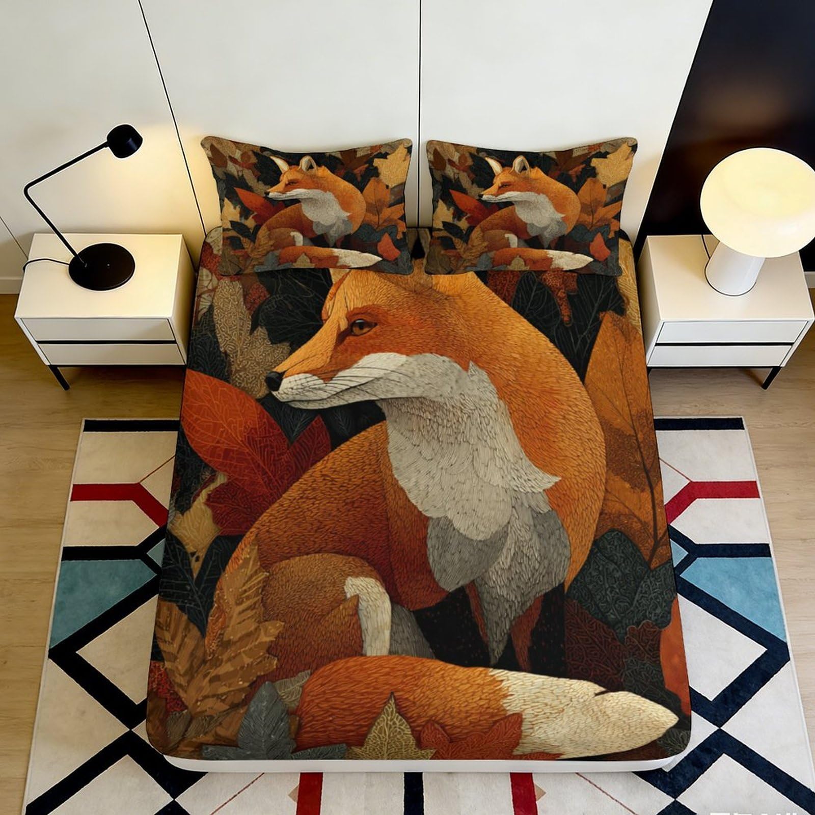 3D Printed Fox Pattern Fitted Sheet Microfiber Soft Breathable Autumn Leaves Bed Cover for Bedroom Dormitory Guest Room Mattress Protection Decor 120x200x25cm