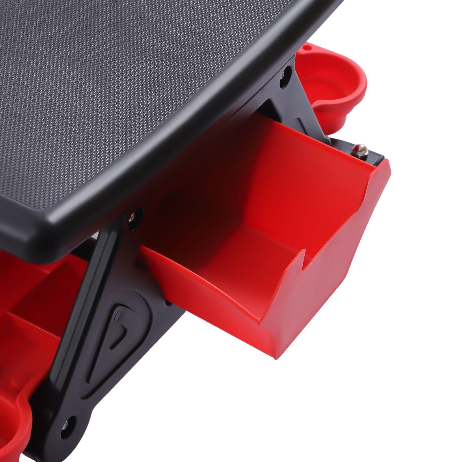 Taburete de taller de 150 kg, asiento de taller, asiento con ruedas, taburete de trabajo con ruedas de 360°, bandeja de herramientas para el taller de automóviles, garajes, talleres