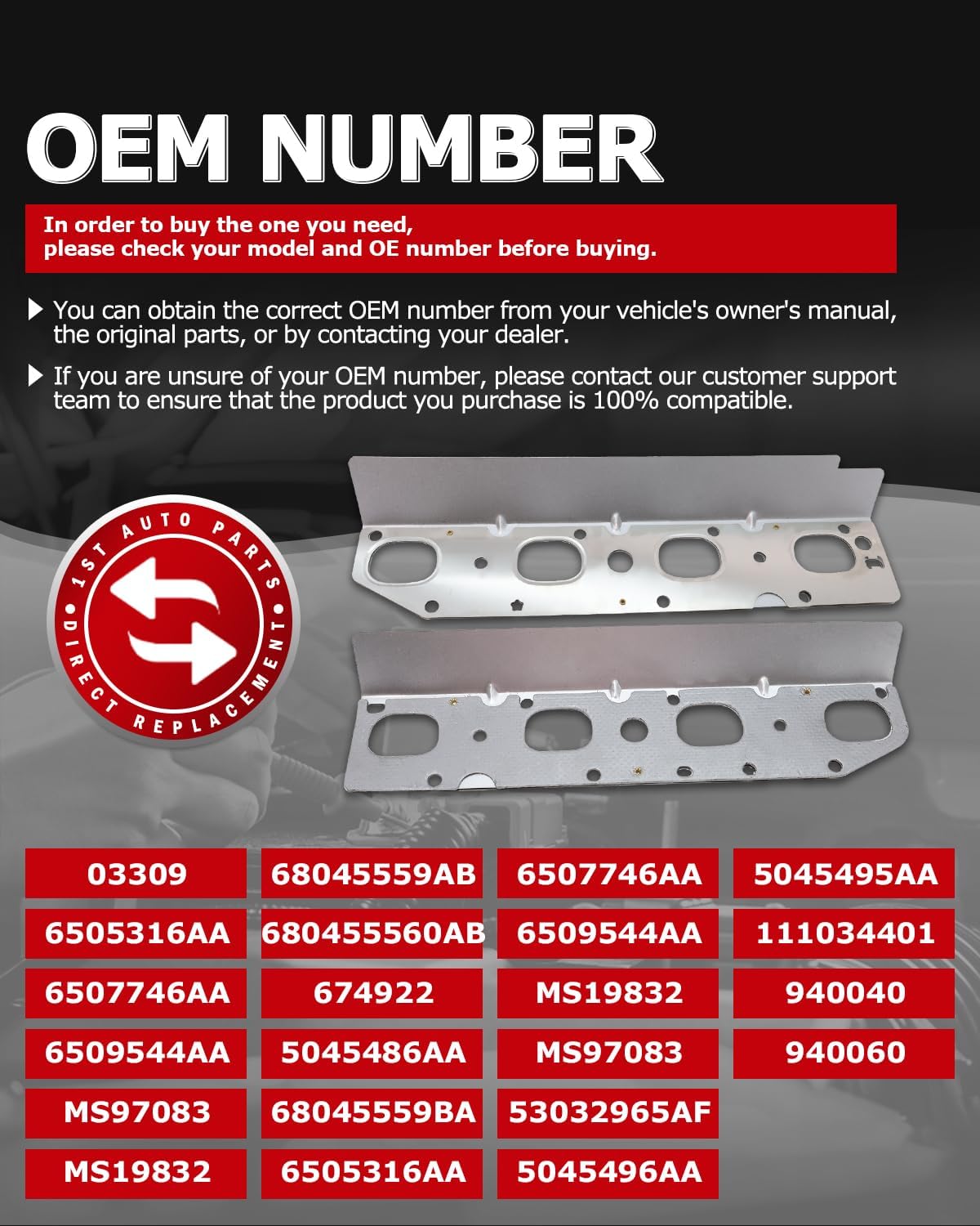 1ST MS19832 Exhaust Manifold with Gasket Bolt Stud Nut Set Left and Right Fits for Dodge 2009-2020 for Ram 2011-2020 for Chrysler 2009-2020 for Jeep 2009-2010, Replaces OE: 6505316AA MS97083 03309