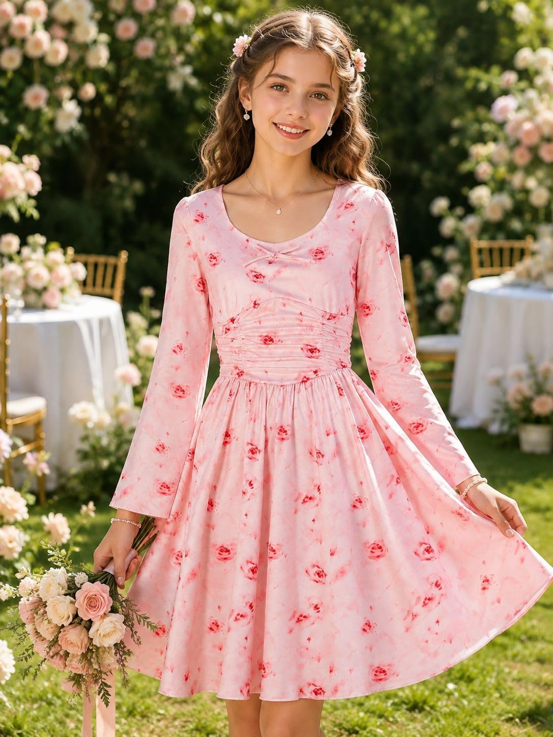 Girls Long Sleeve Boho Dresses Flower Teen Dress 7-14Y