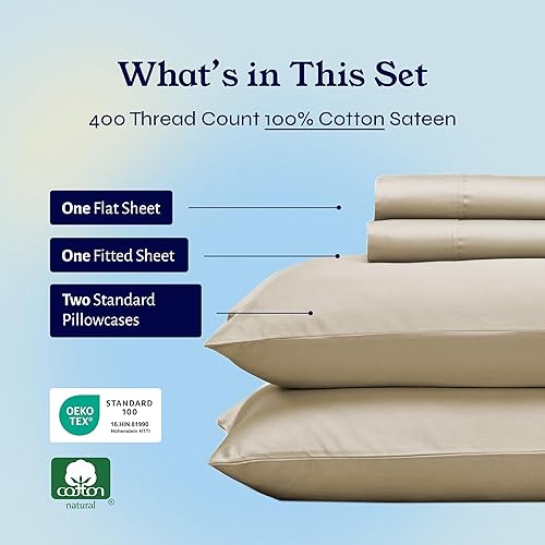 Vista 280 de Juego de sábanas de 400 hilos y 6 piezas, tamaño King, con 4 fundas de almohada, ropa de cama de 100 % algodón con tejido satinado, color azul 12