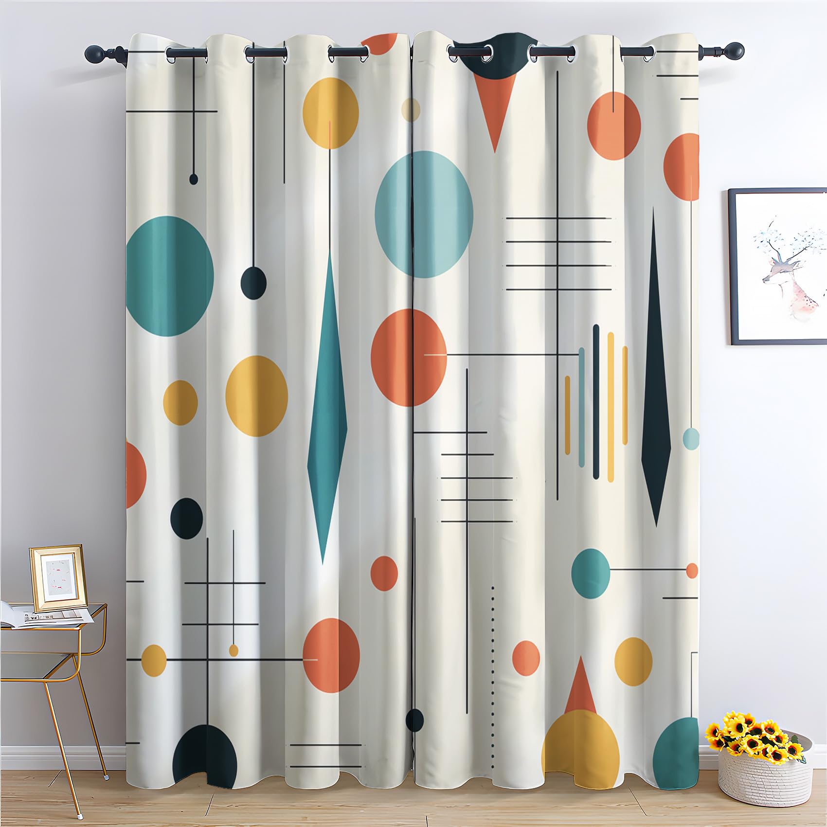 Mid Century Modern Vorhänge, Geometrisch Verdunklungsvorhänge mit Ösen, Vorhang Blickdicht für Wohnzimmer Schlafzimmer Dekoration, Gardinen mit Muster, 2er Set, 145 x 140 cm (HöhexBreite)