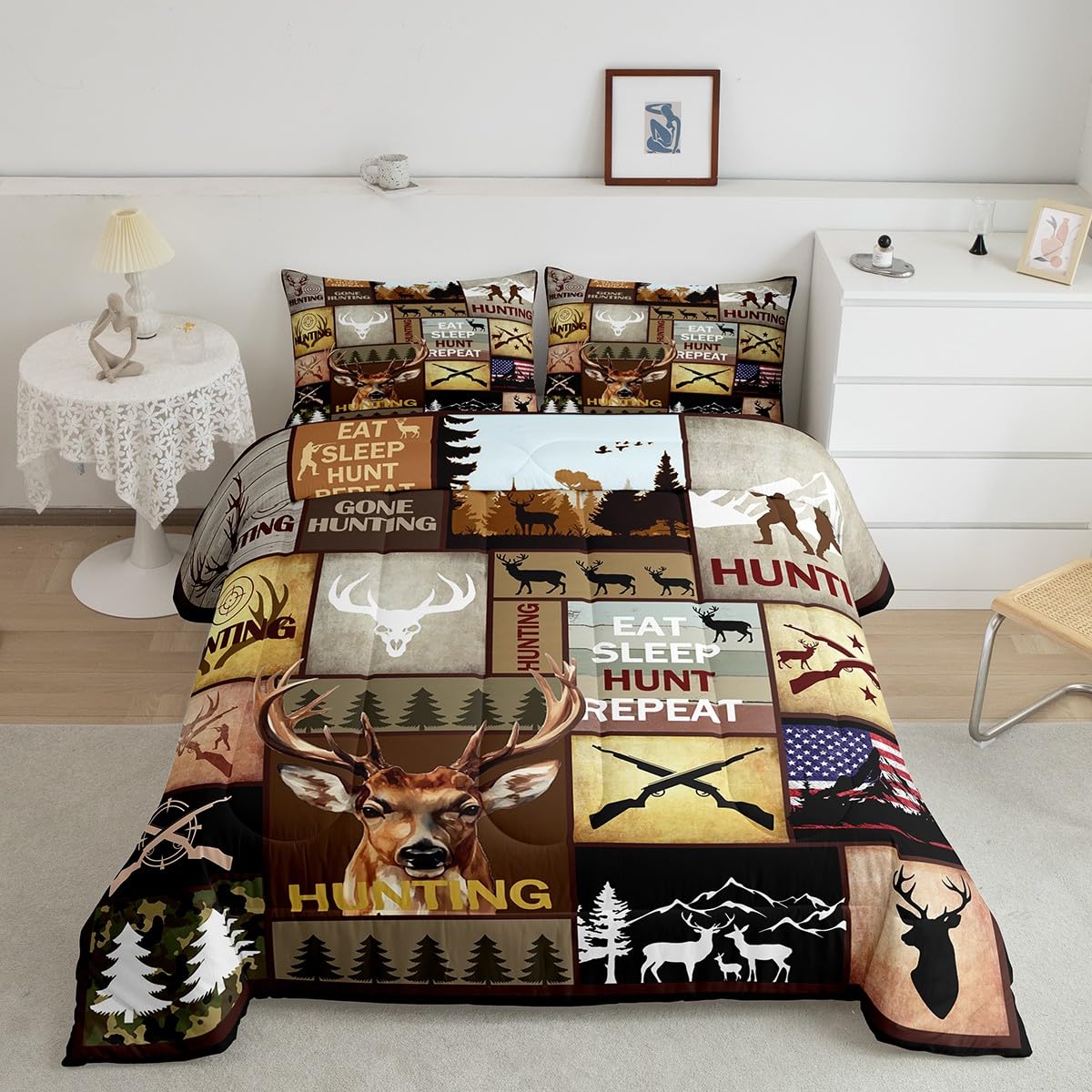 Feelyou Kids Hunting Bedding Set Twin Size, Deer Hunting Comforter Set Boys Girls Deer Antlers Comforter Hunting Gifts Duvet Insert Kids Room Decor with 1 Pillow Case