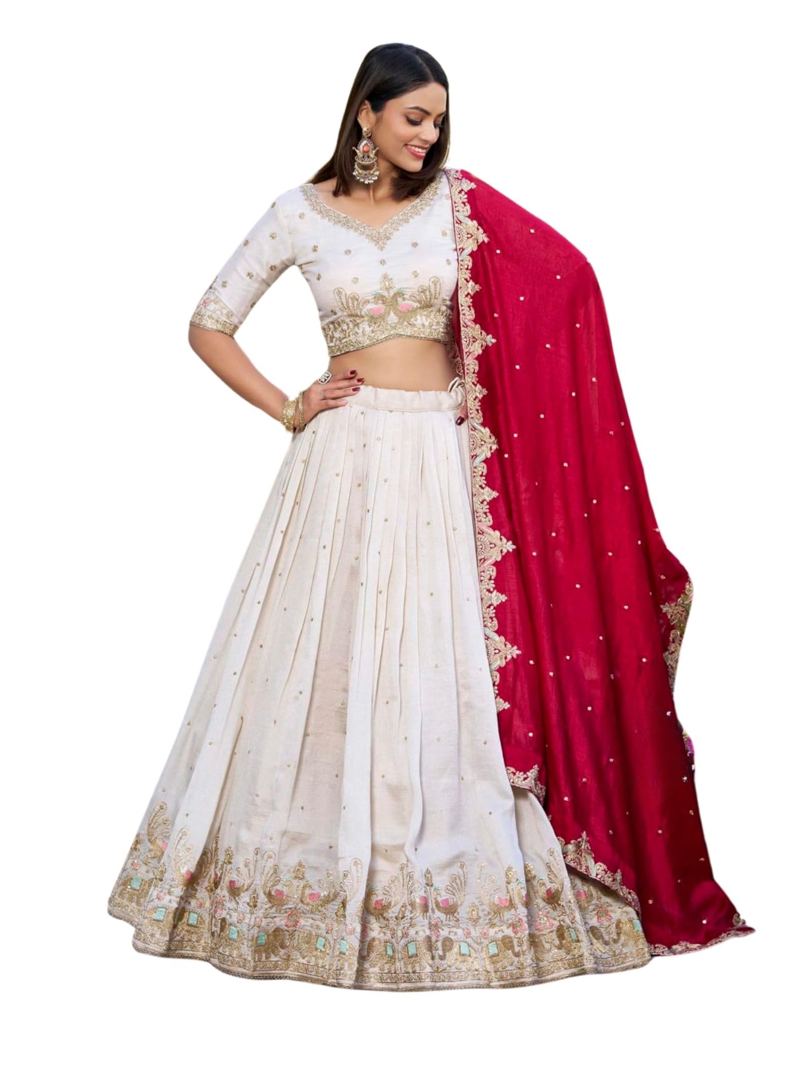 Off-White Vichitra Silk Fabric Thread Embroidery Work Semi Stitched Lehenga Choli With Dupatta Set For Women, 44-image-46