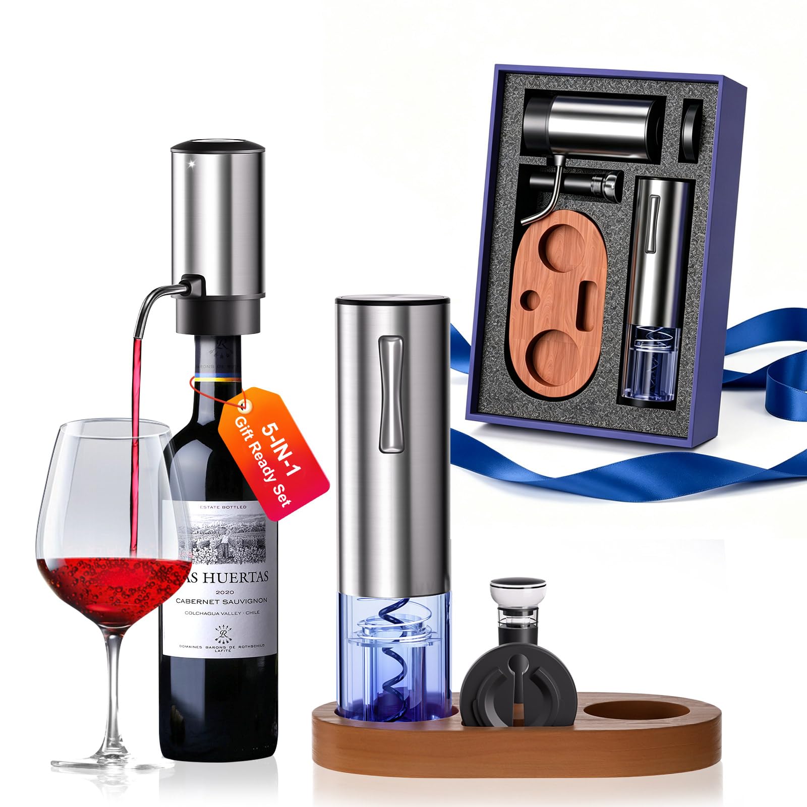 Wiederaufladbarer elektrischer Weinöffner 5-in-1-Geschenkset, Edelstahl Automatischer Weinöffner mit Elektrischem Weinbelüfter, Folienschneider, Vakuumstopfen & Basis, Geschenk Fertig Set für