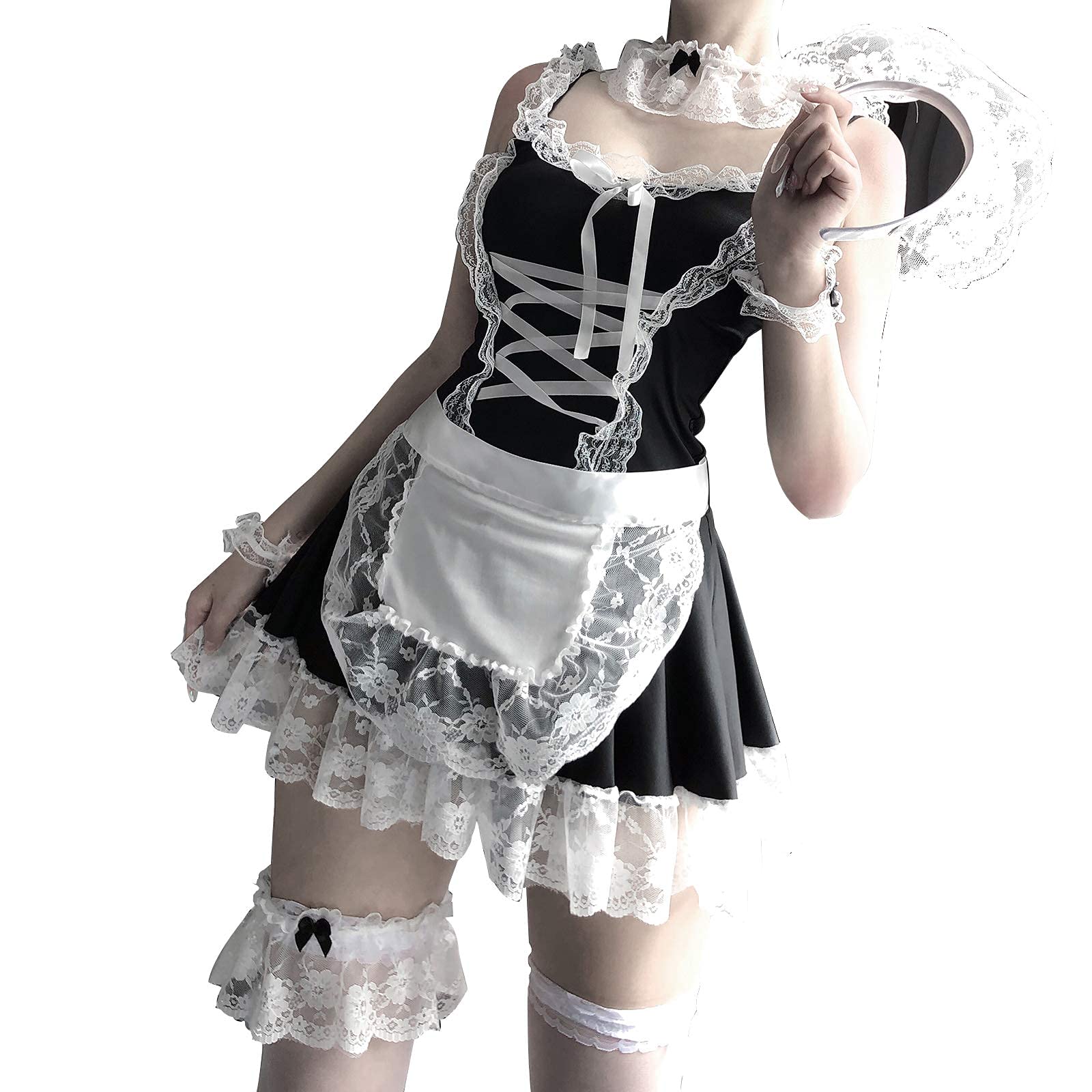 mzenuop, Maid Dresses Halloween Maid Outfit Cosplay Sweet Classic Lolita Apron Maid Dress with Socks - L-XL