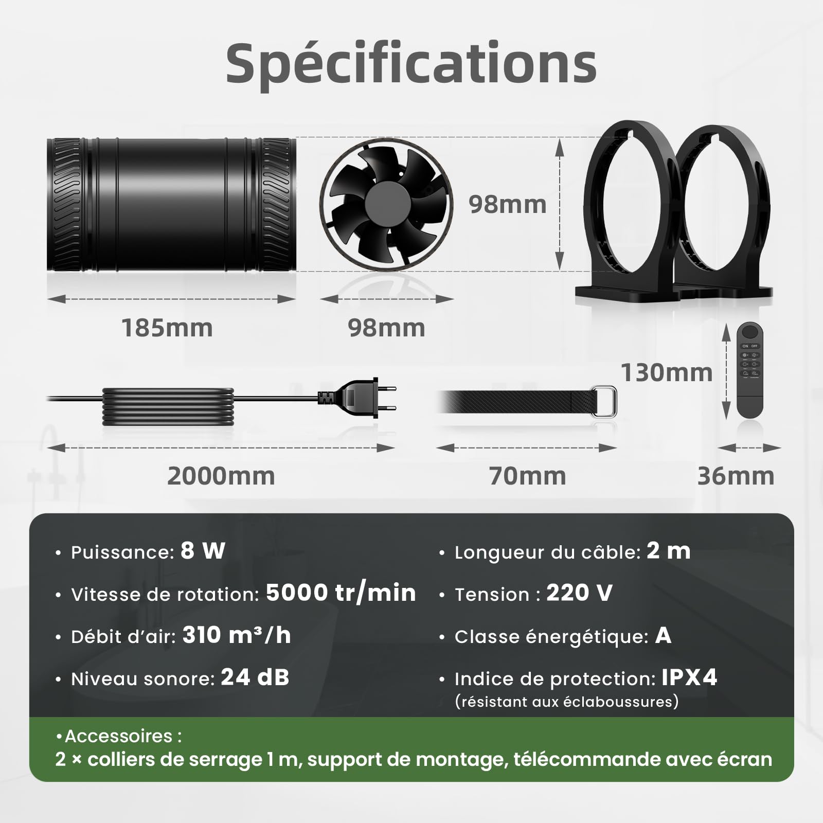 MOCINE Ventilateur de Conduit 100 mm avec Base de Montage, 8 Vitesses, Fonction Minuterie avec Télécommande à Écran, 310 m³/h, 5000 tr/min, Noir, Extracteur d’Air pour Garage, Salle de Bain et Serre