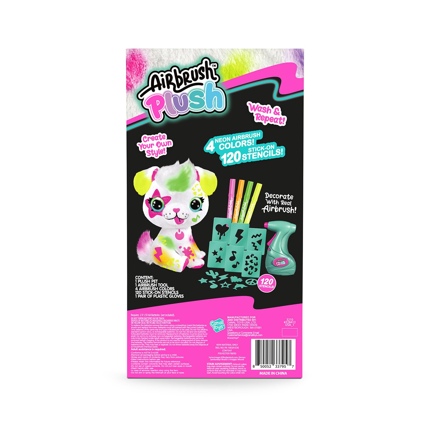 Canal Toys Personalize Airbrush Plush Large Neon Puppy! Decorate, wash, Repeat! Customize Your own Spray Art Plush with Markers, Battery Powered Airbrush and 100+ Stencils. Ages 6+
